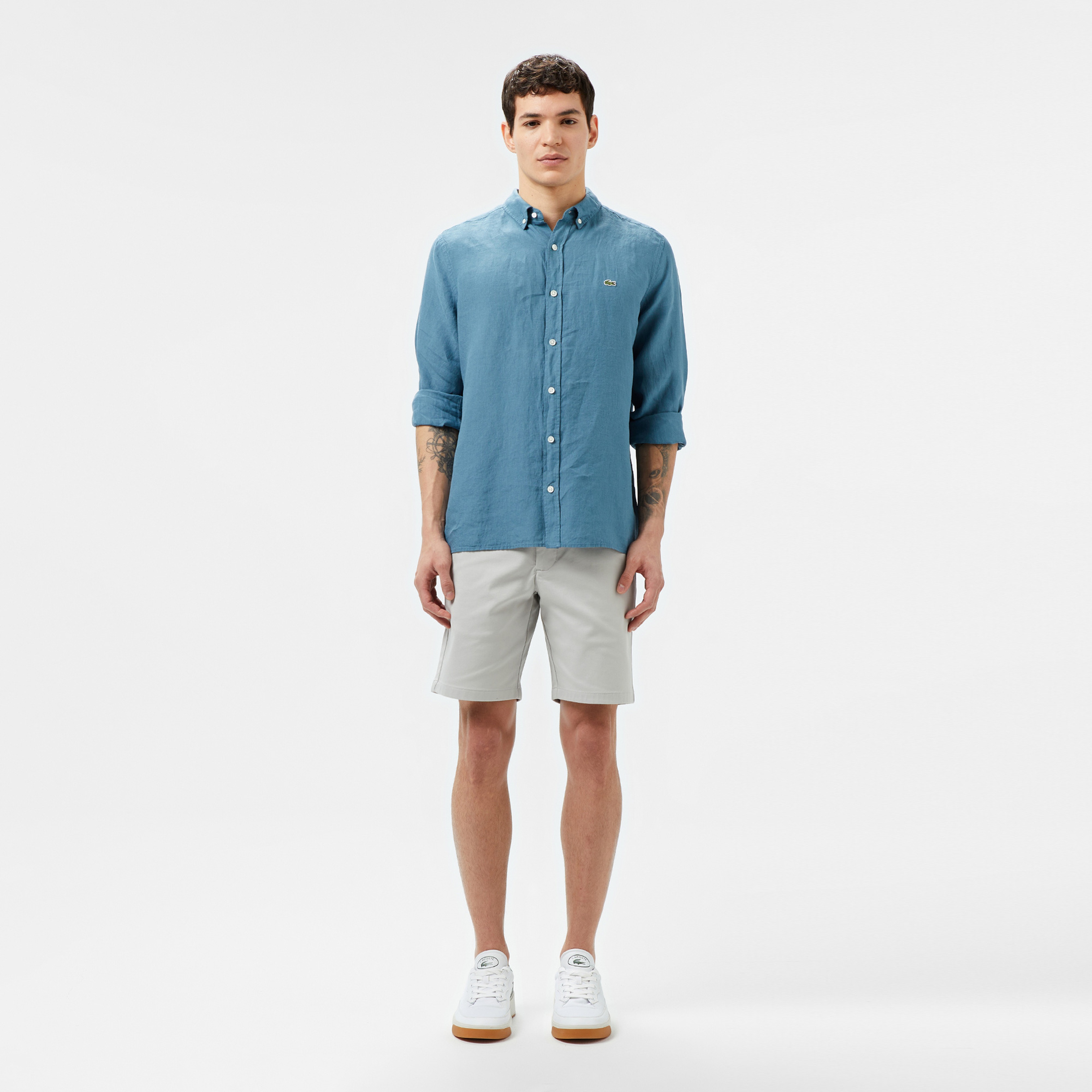 Erkek Regular Fit Düğmeli Yaka Keten Mavi Gömlek