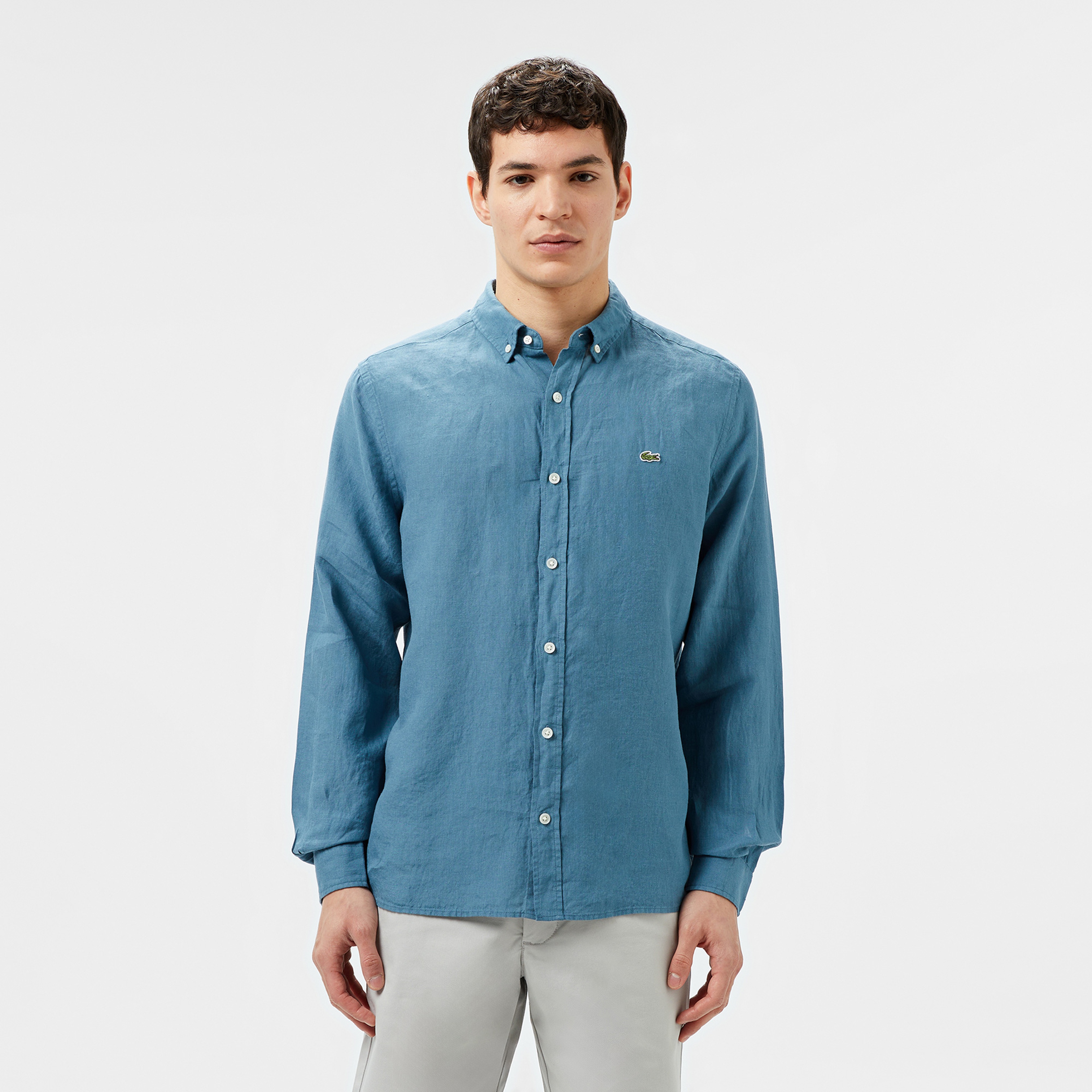 Erkek Regular Fit Düğmeli Yaka Keten Mavi Gömlek