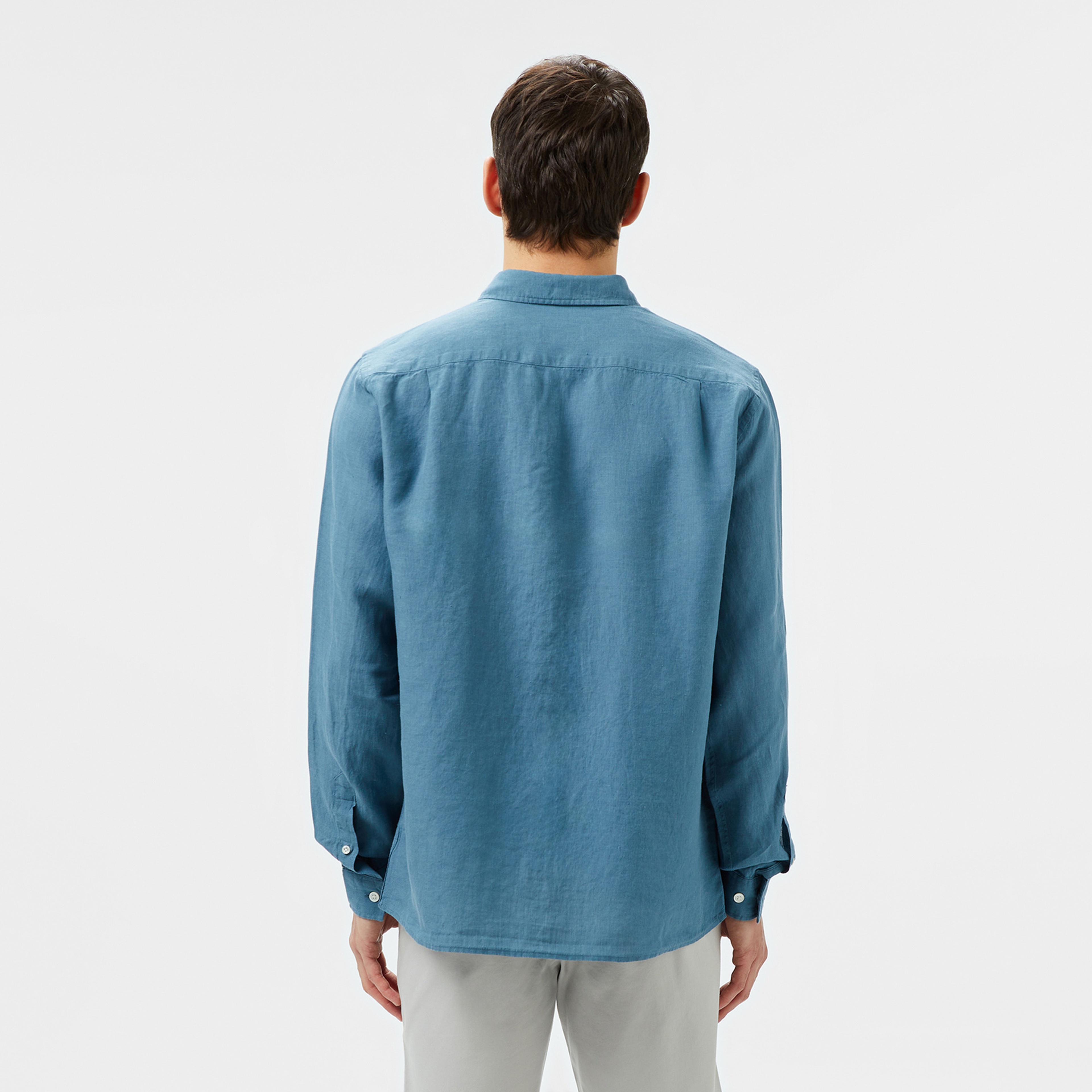 Erkek Regular Fit Düğmeli Yaka Keten Mavi Gömlek