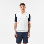 Erkek Kısa Kollu Yarım Fermuarlı Renk Bloklu Beyaz Triko