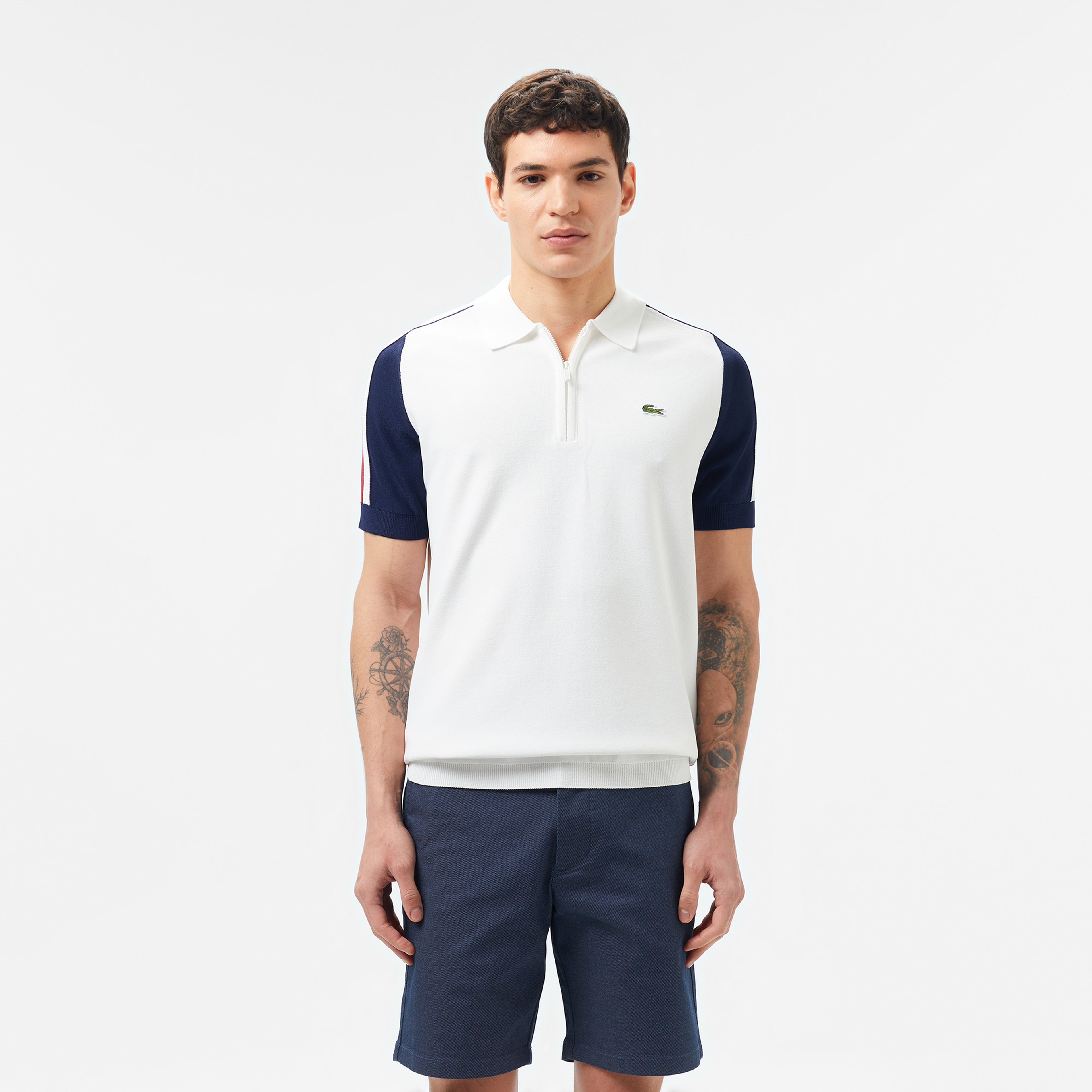 Erkek Kısa Kollu Yarım Fermuarlı Renk Bloklu Beyaz Triko