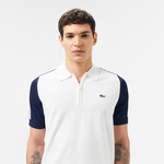 Erkek Kısa Kollu Yarım Fermuarlı Renk Bloklu Beyaz Triko