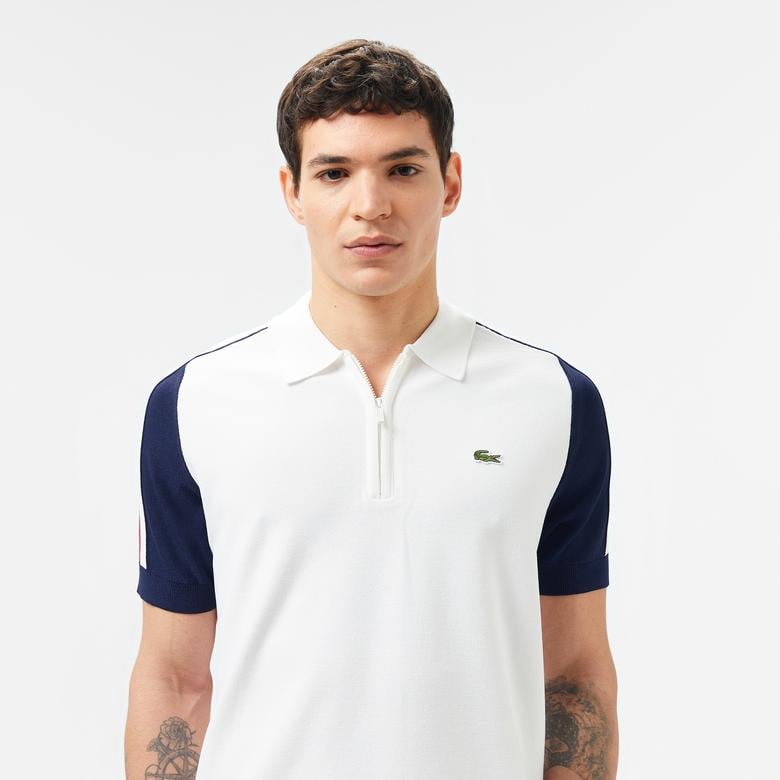 Erkek Kısa Kollu Yarım Fermuarlı Renk Bloklu Beyaz Triko