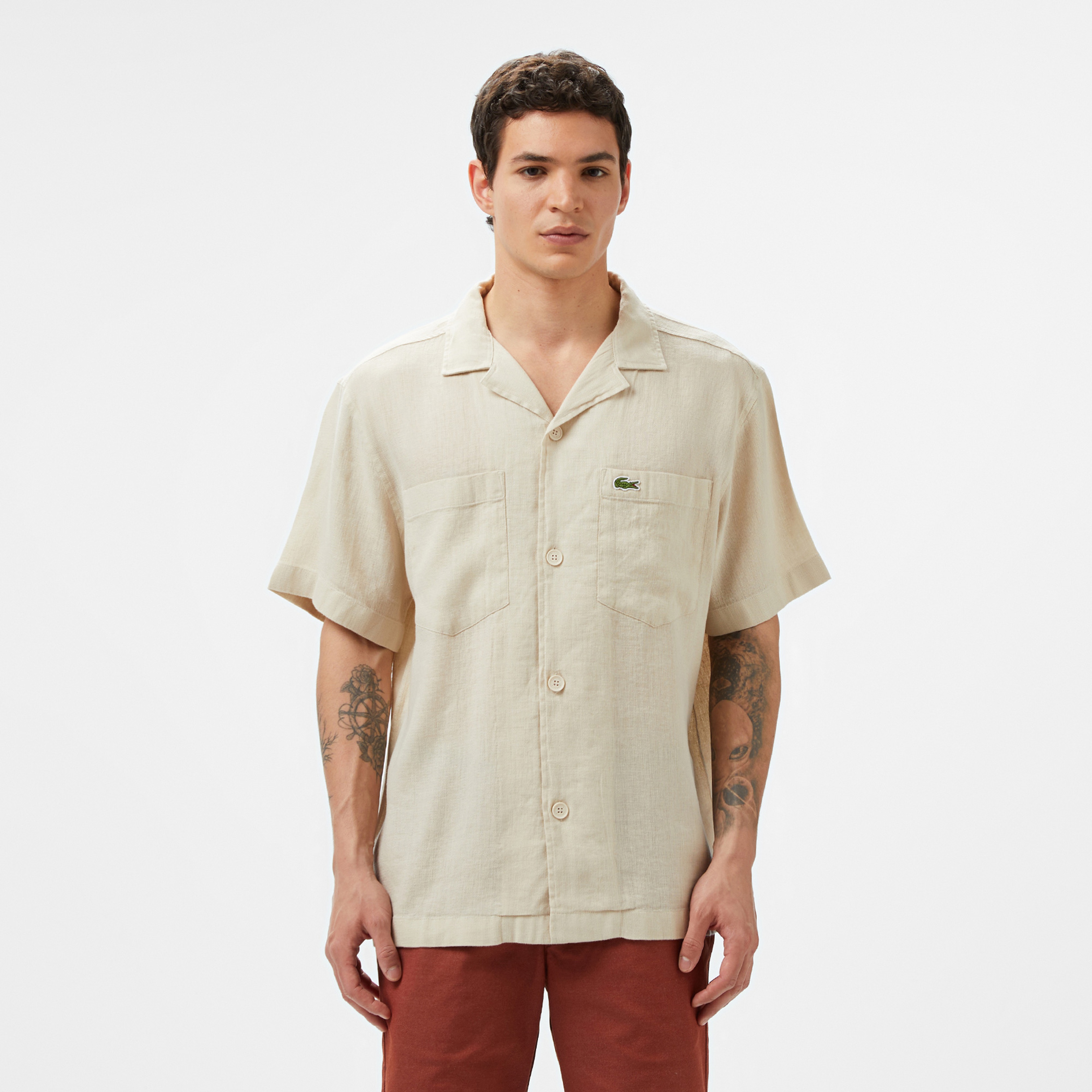 Erkek Relaxed Fit Kısa Kollu Bej Gömlek