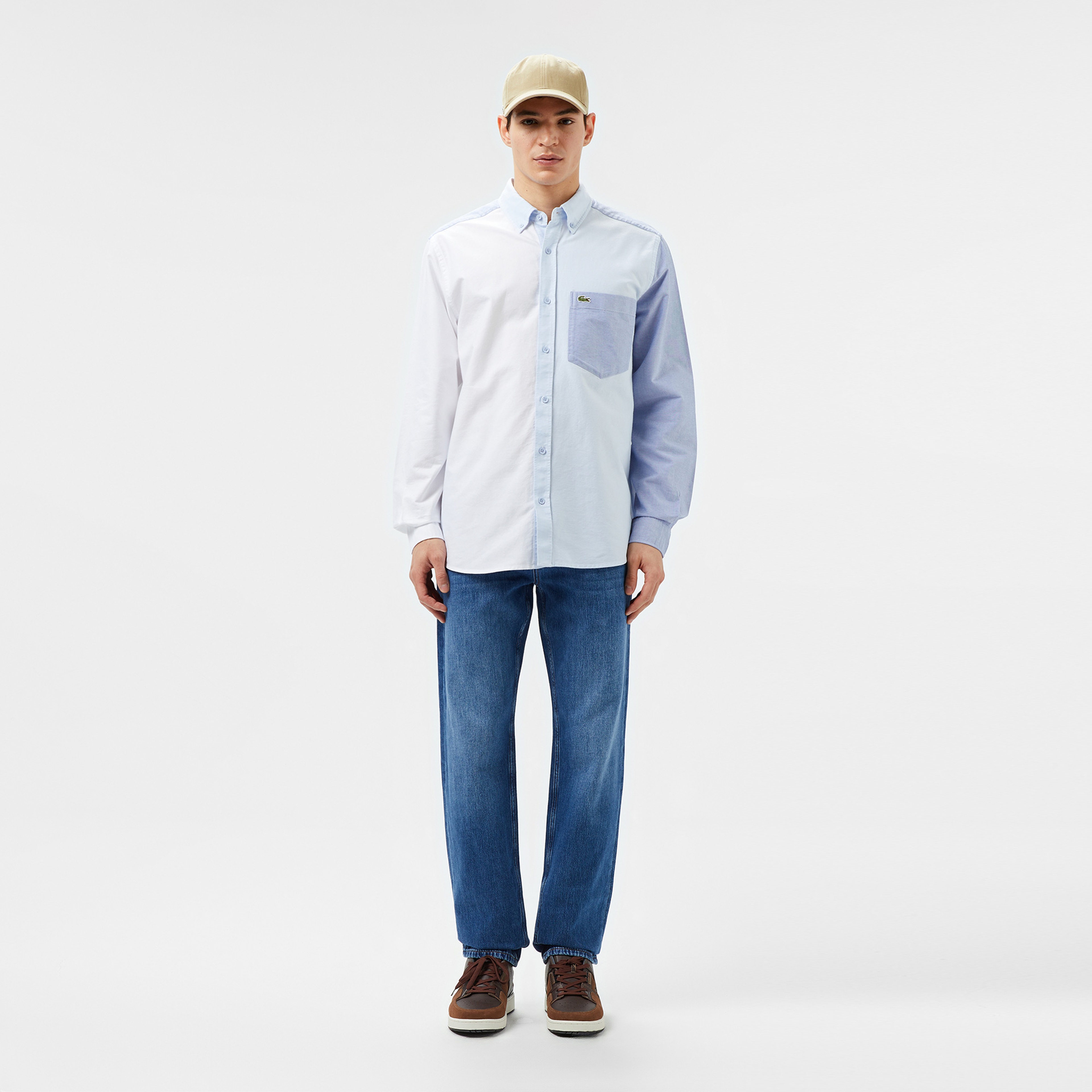 Erkek Slim Fit Renk Bloklu Açık Mavi Gömlek