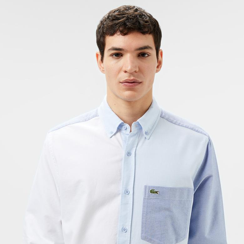 Erkek Slim Fit Renk Bloklu Açık Mavi Gömlek