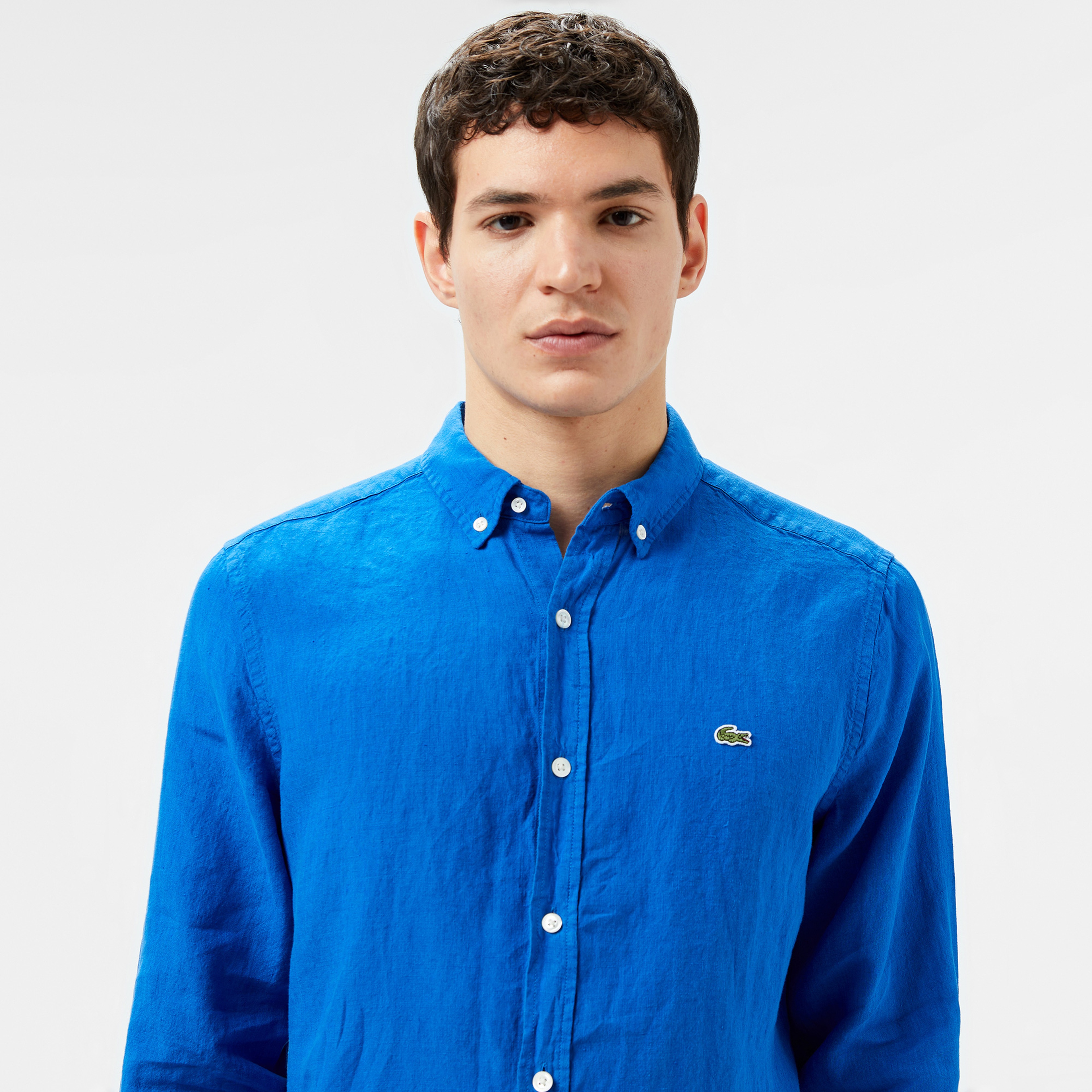 Erkek Regular Fit Düğmeli Yaka Keten Mavi Gömlek