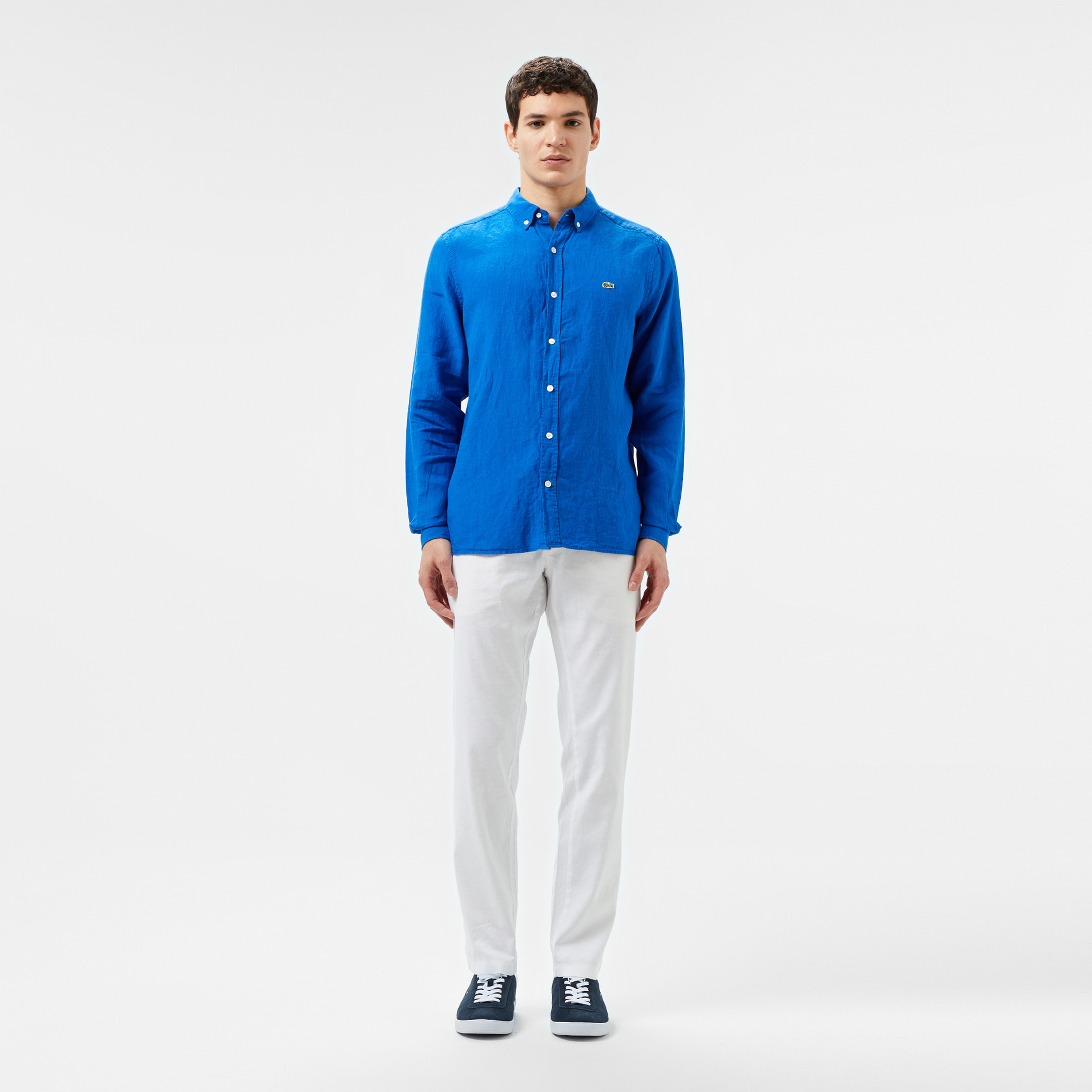 Erkek Regular Fit Düğmeli Yaka Keten Mavi Gömlek