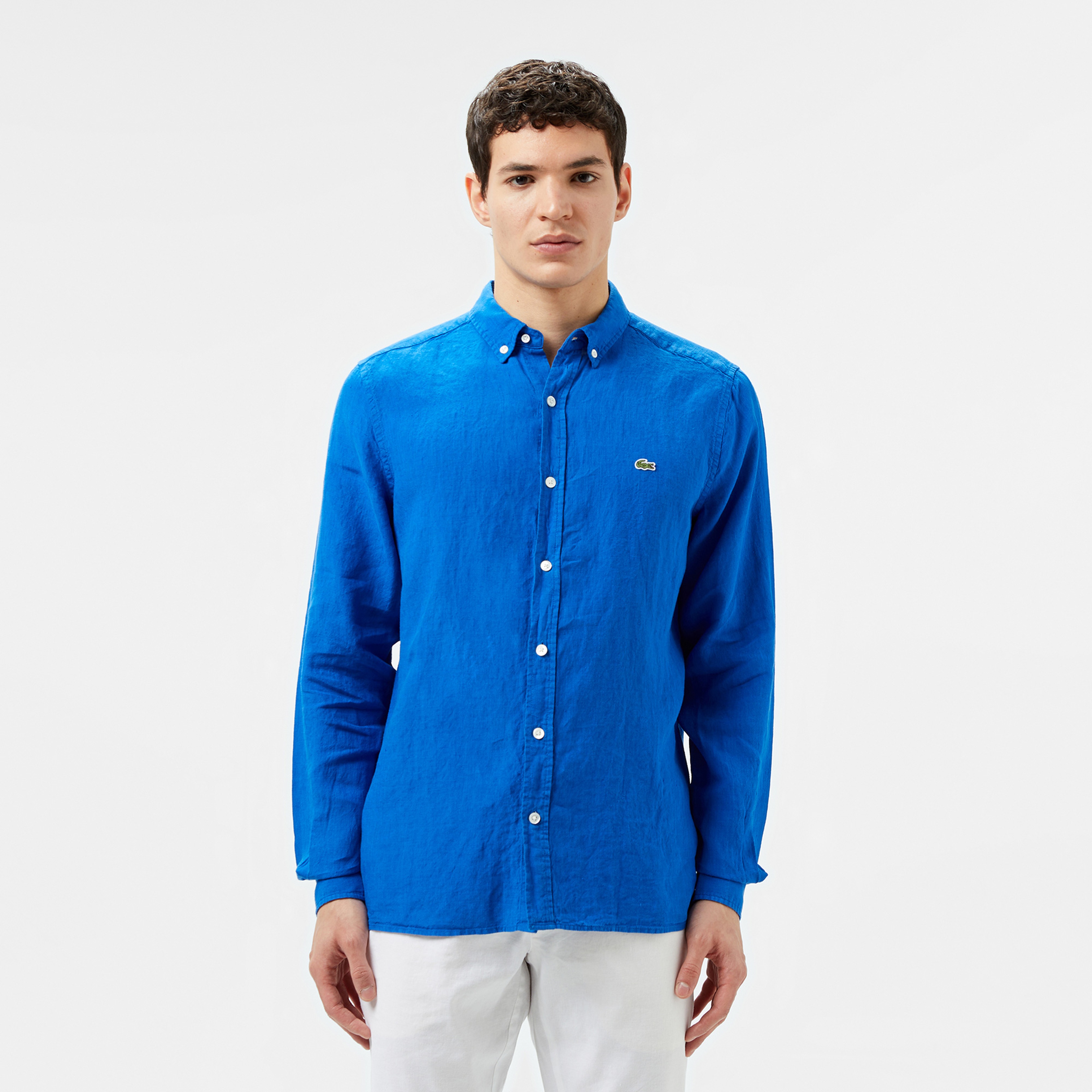 Erkek Regular Fit Düğmeli Yaka Keten Mavi Gömlek