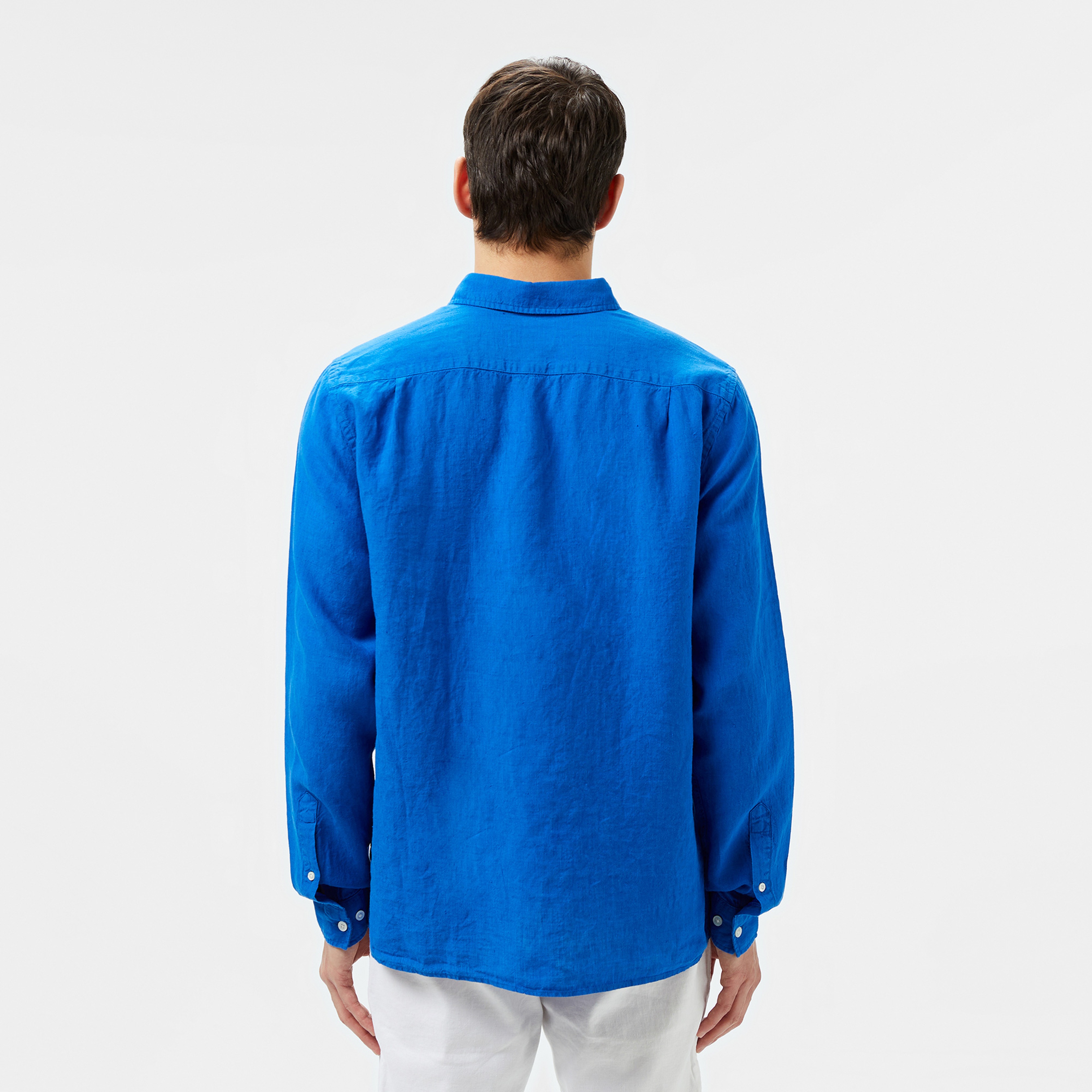 Erkek Regular Fit Düğmeli Yaka Keten Mavi Gömlek