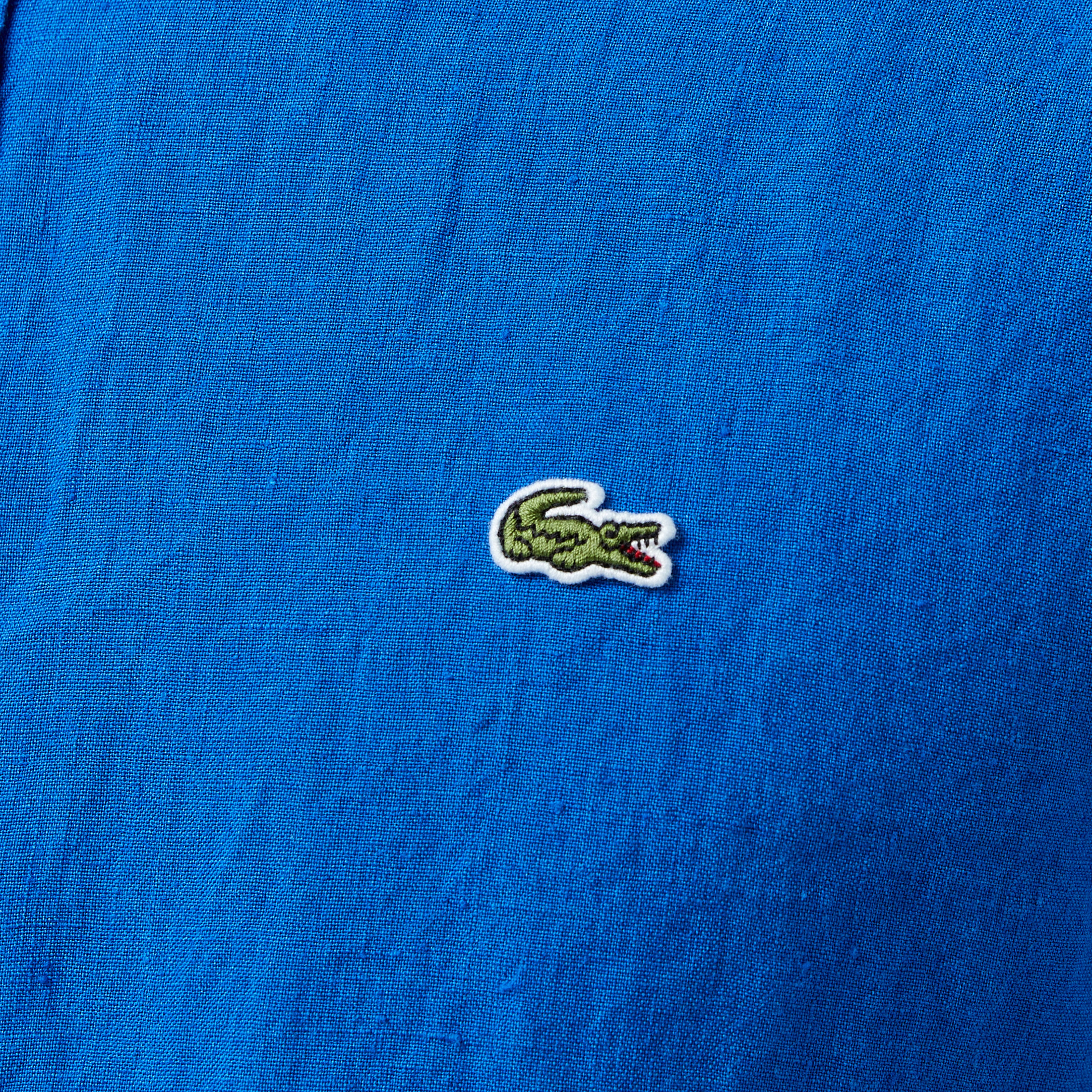 Erkek Regular Fit Düğmeli Yaka Keten Mavi Gömlek