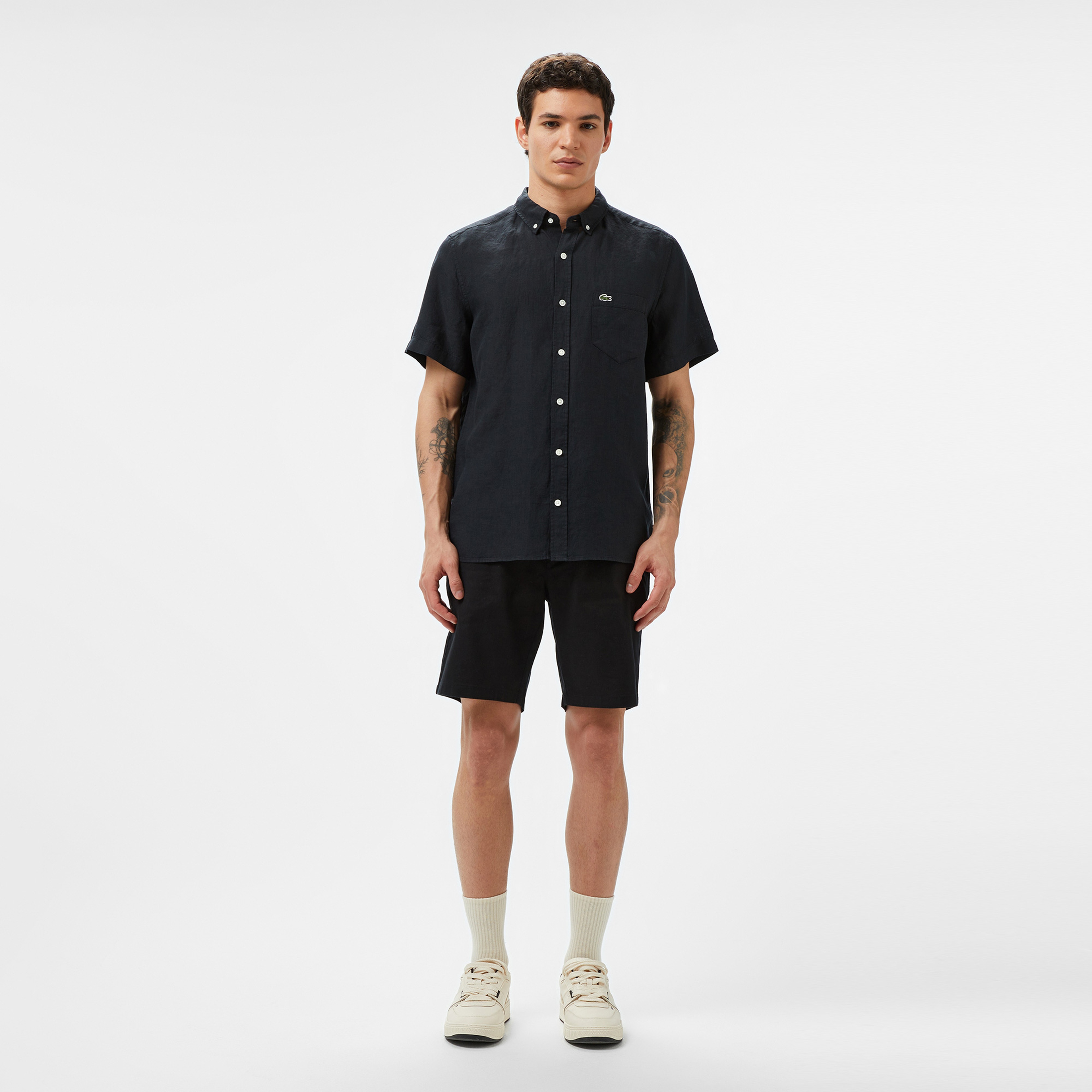 Lacoste Erkek Regular Fit Kısa Kollu Düğmeli Yaka Keten Siyah Gömlek