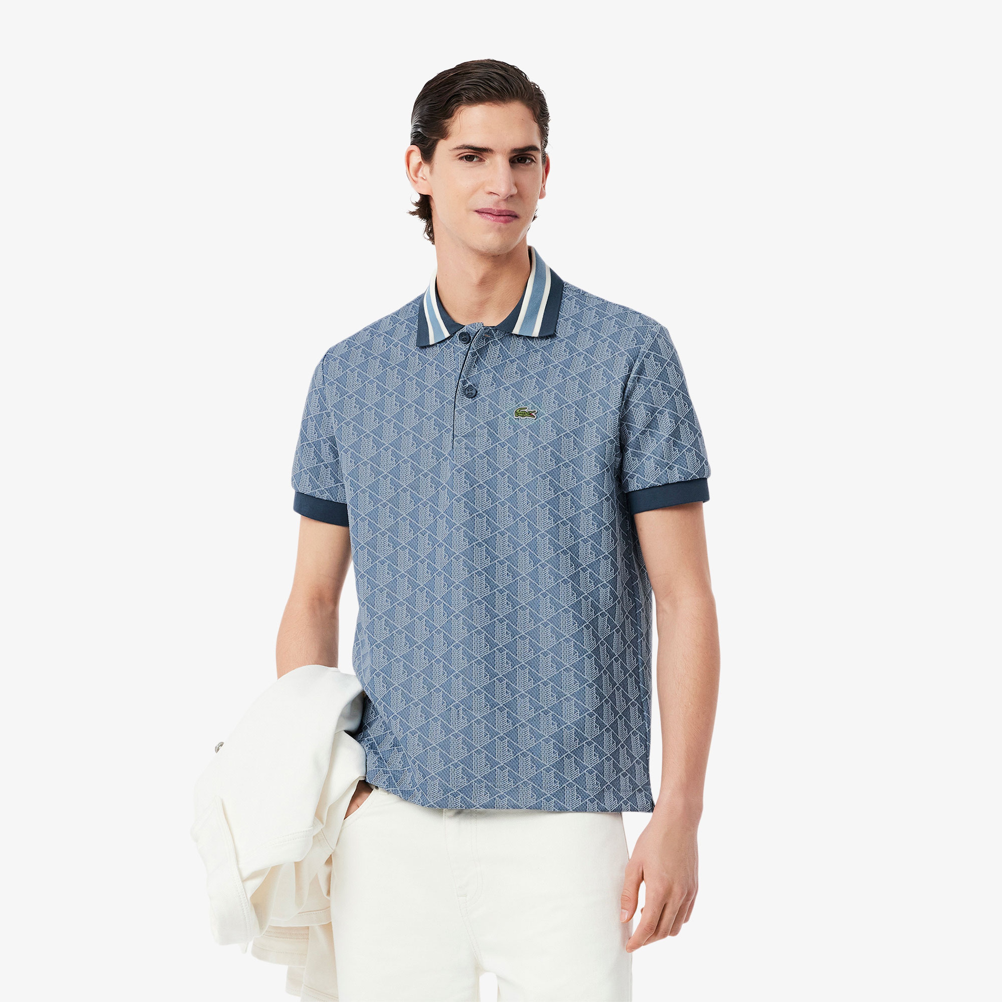Erkek Classic Fit Monogram Mavi Polo