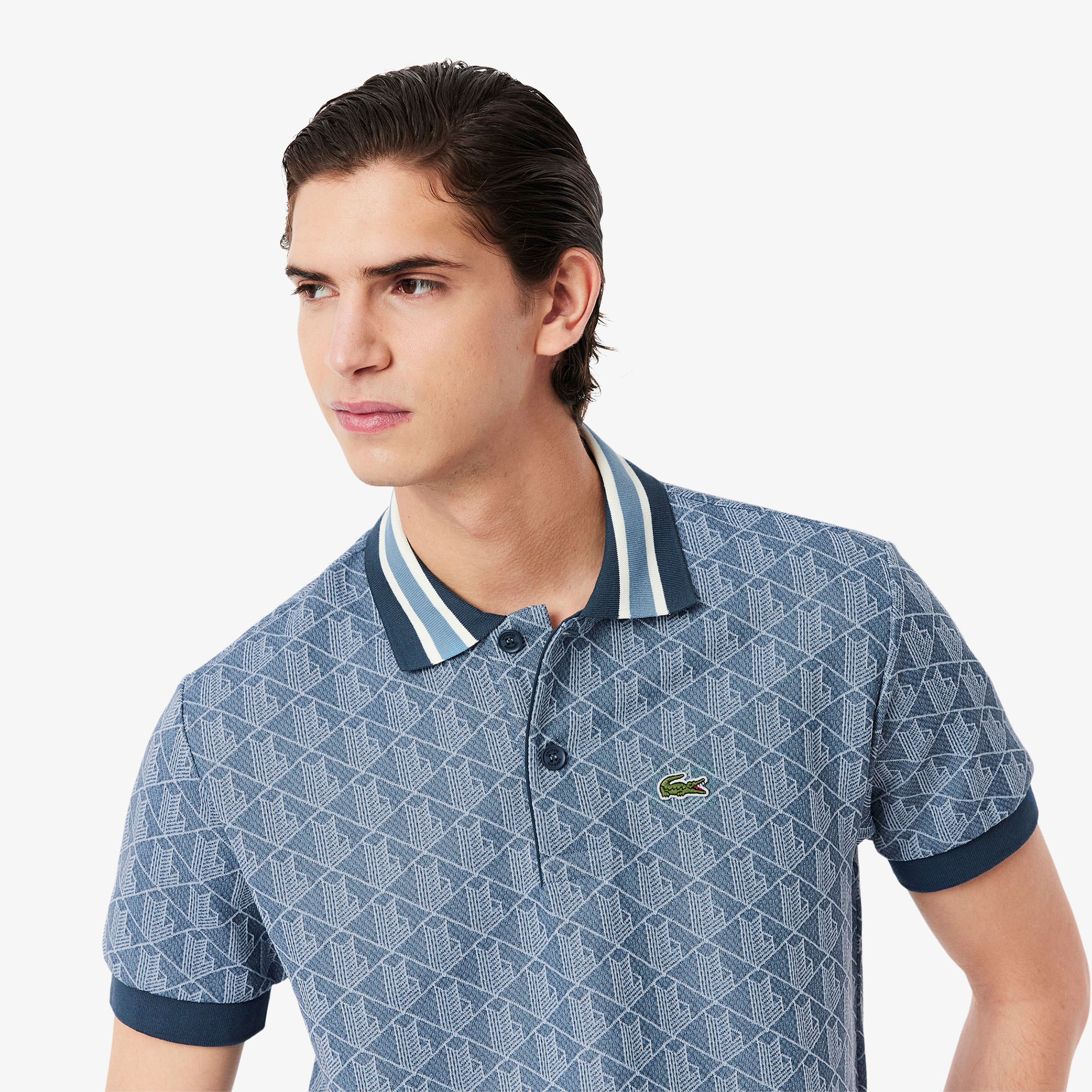 Erkek Classic Fit Monogram Mavi Polo