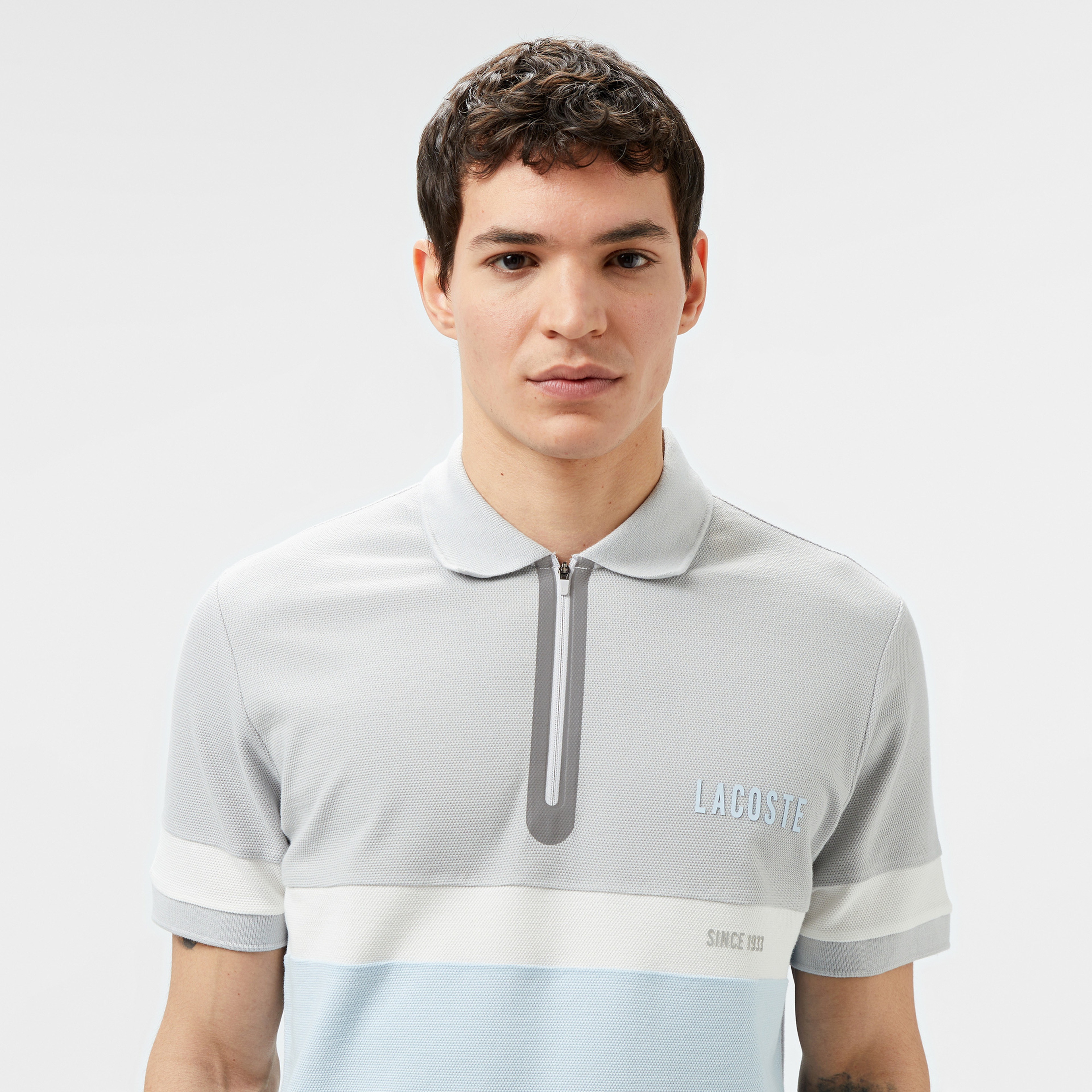 Erkek Regular Fit Yarım Fermuarlı Renk Bloklu Açık Mavi Polo