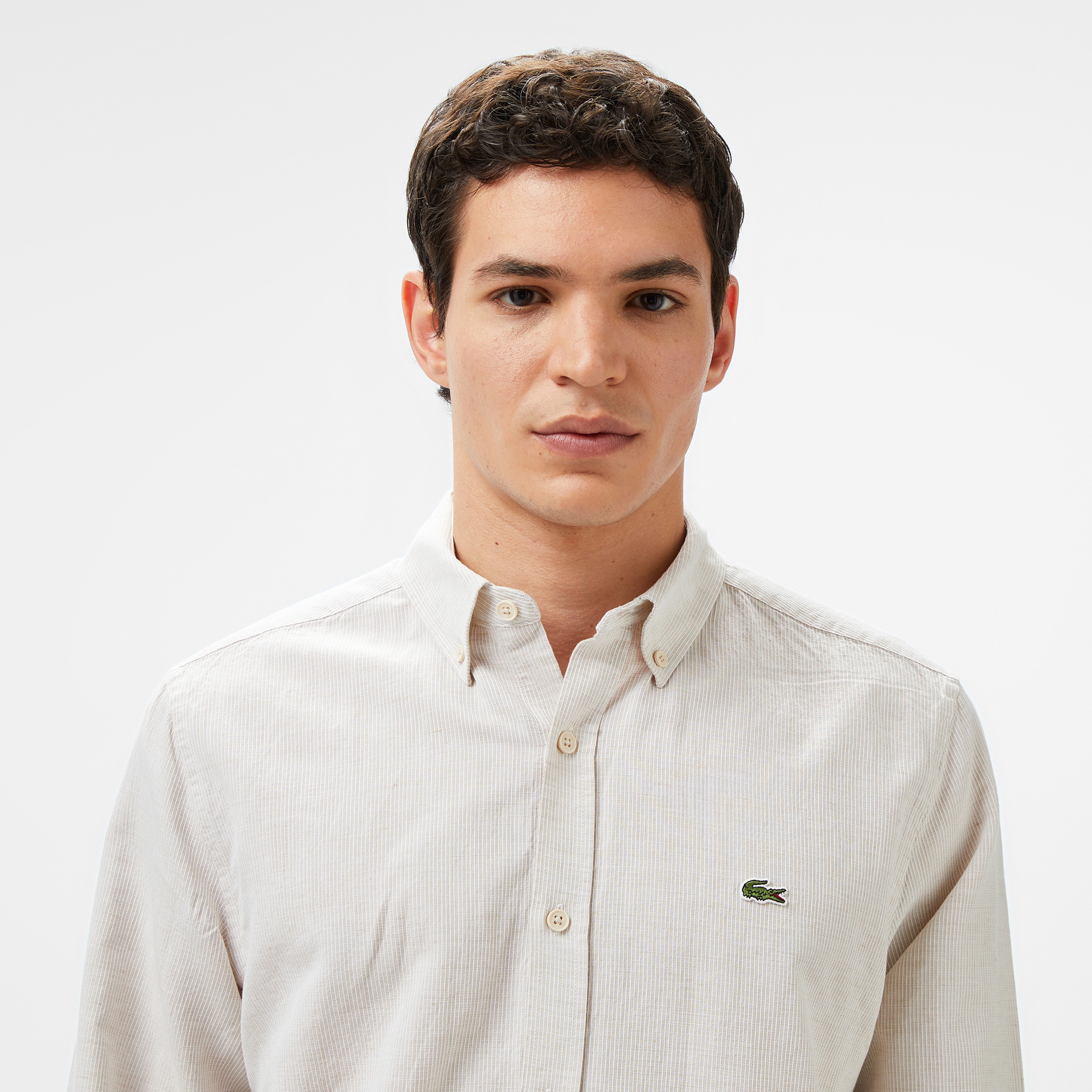 Erkek Regular Fit Düğmeli Yaka Bej Gömlek