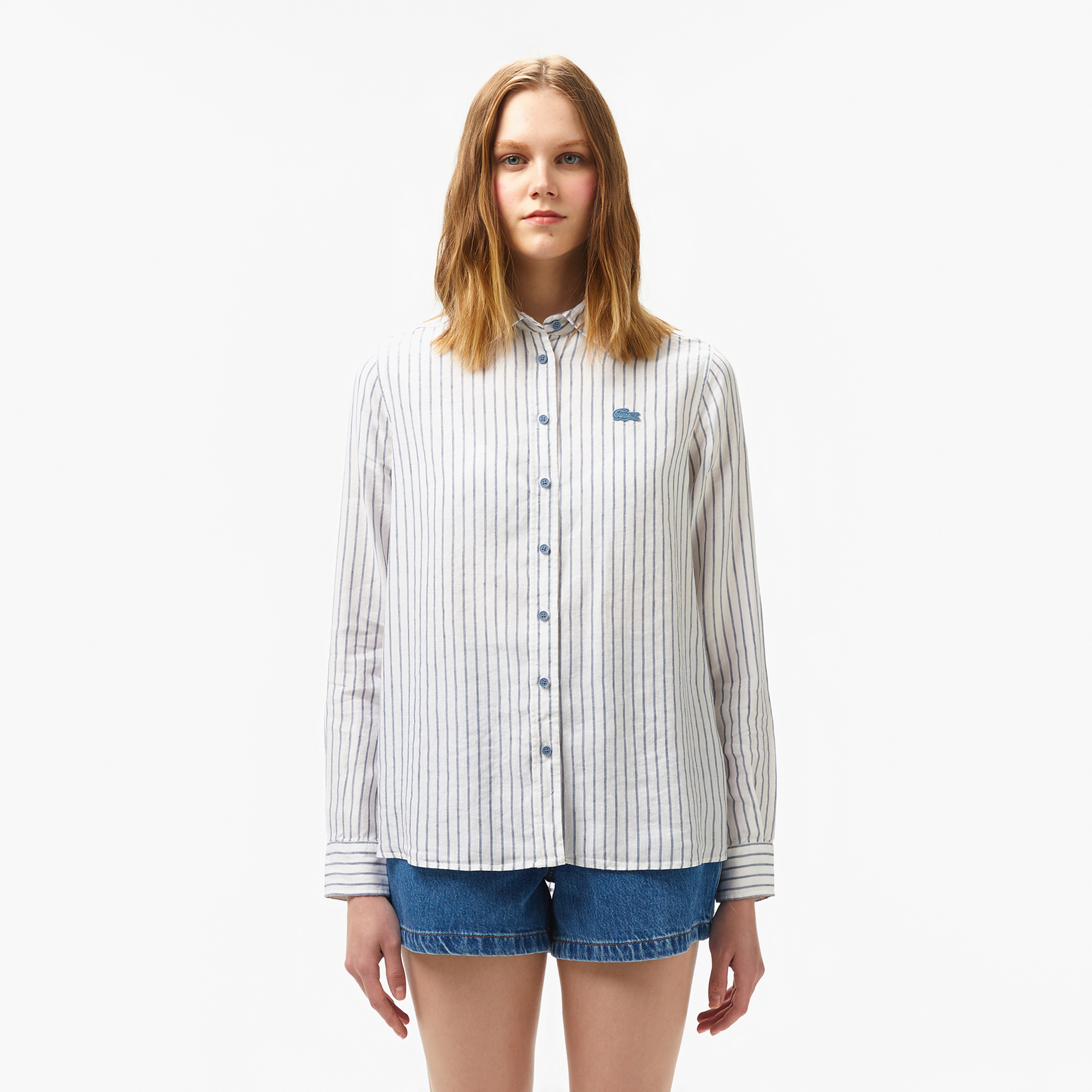 Kadın Relaxed Fit Çizgili Keten Mavi Gömlek