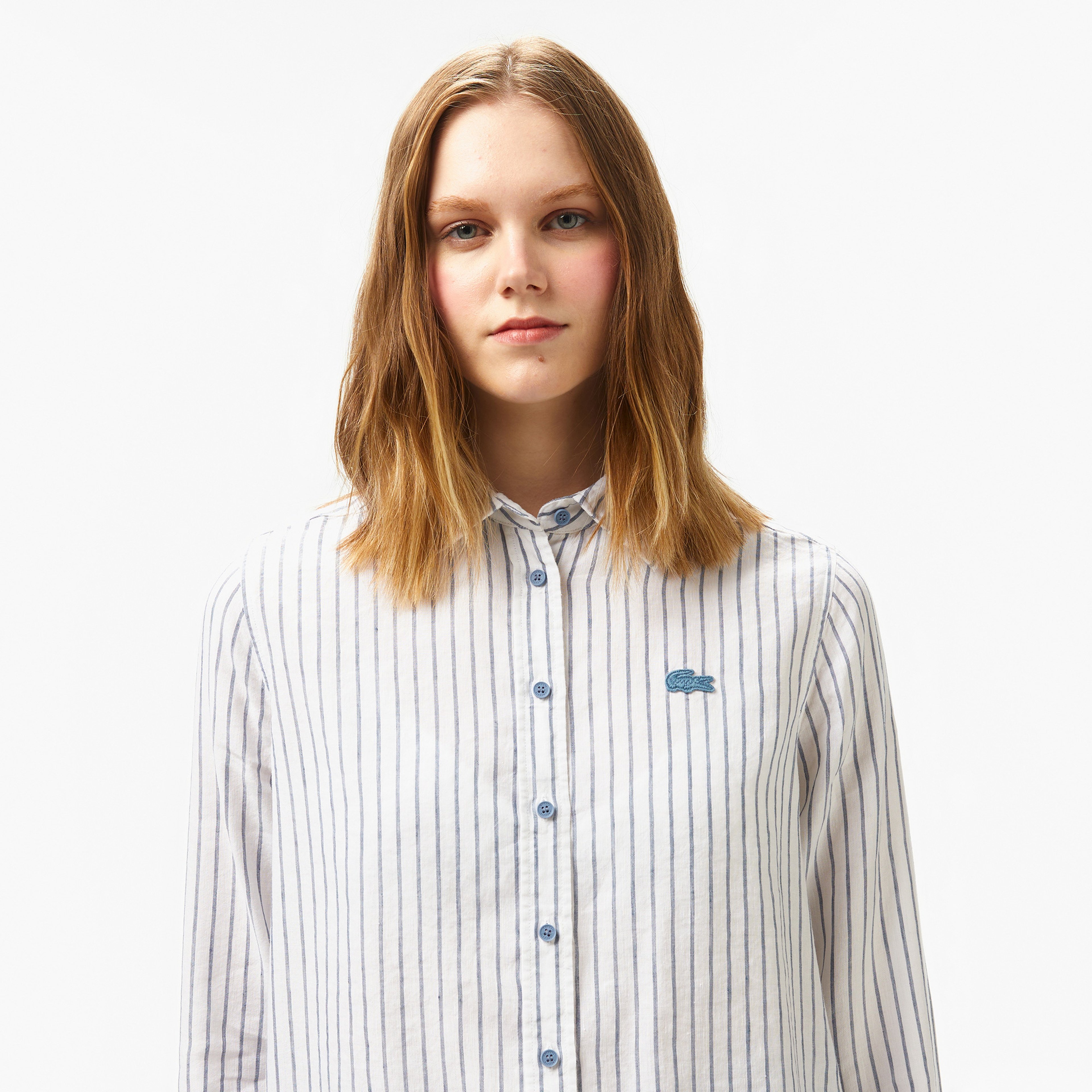 Kadın Relaxed Fit Çizgili Keten Mavi Gömlek