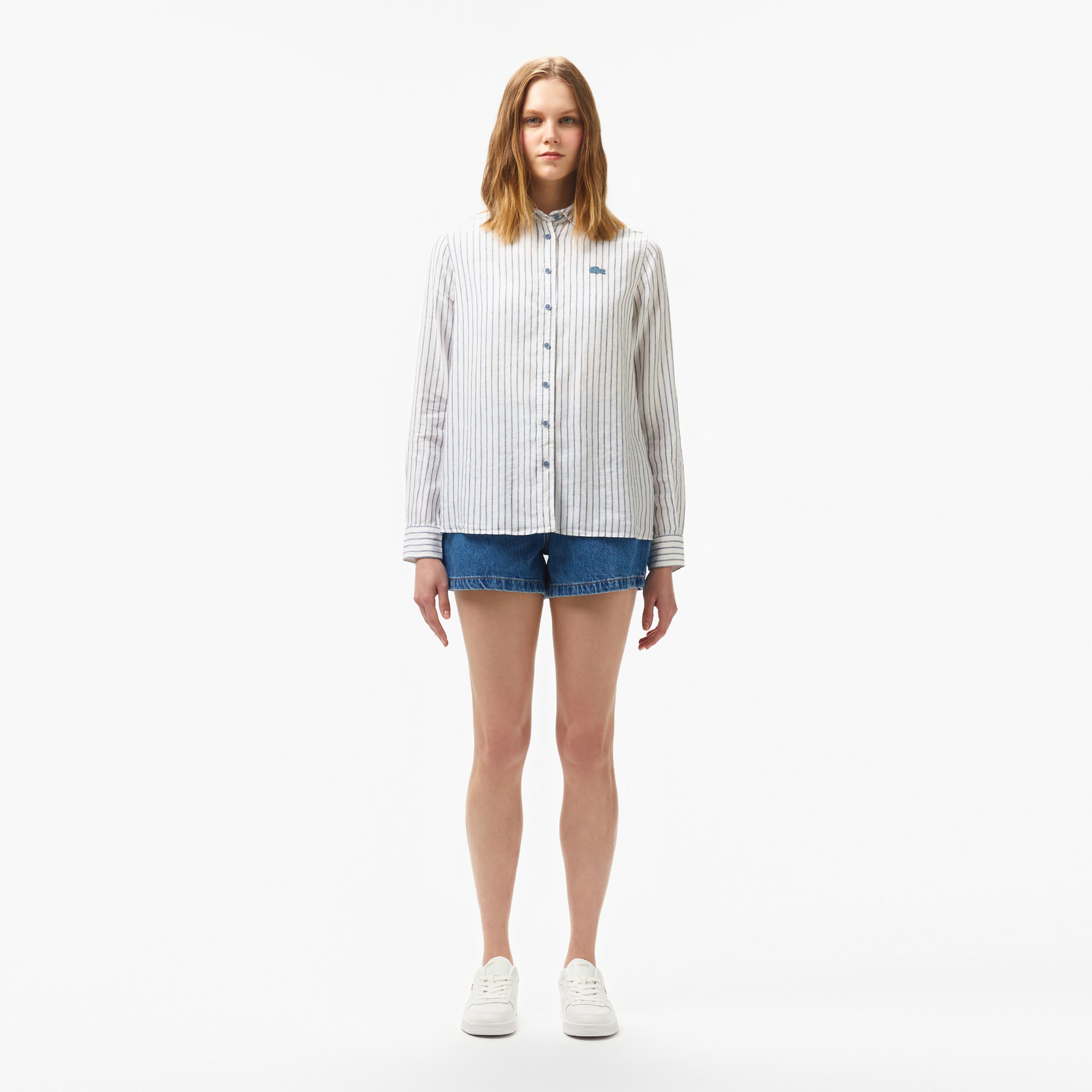 Kadın Relaxed Fit Çizgili Keten Mavi Gömlek