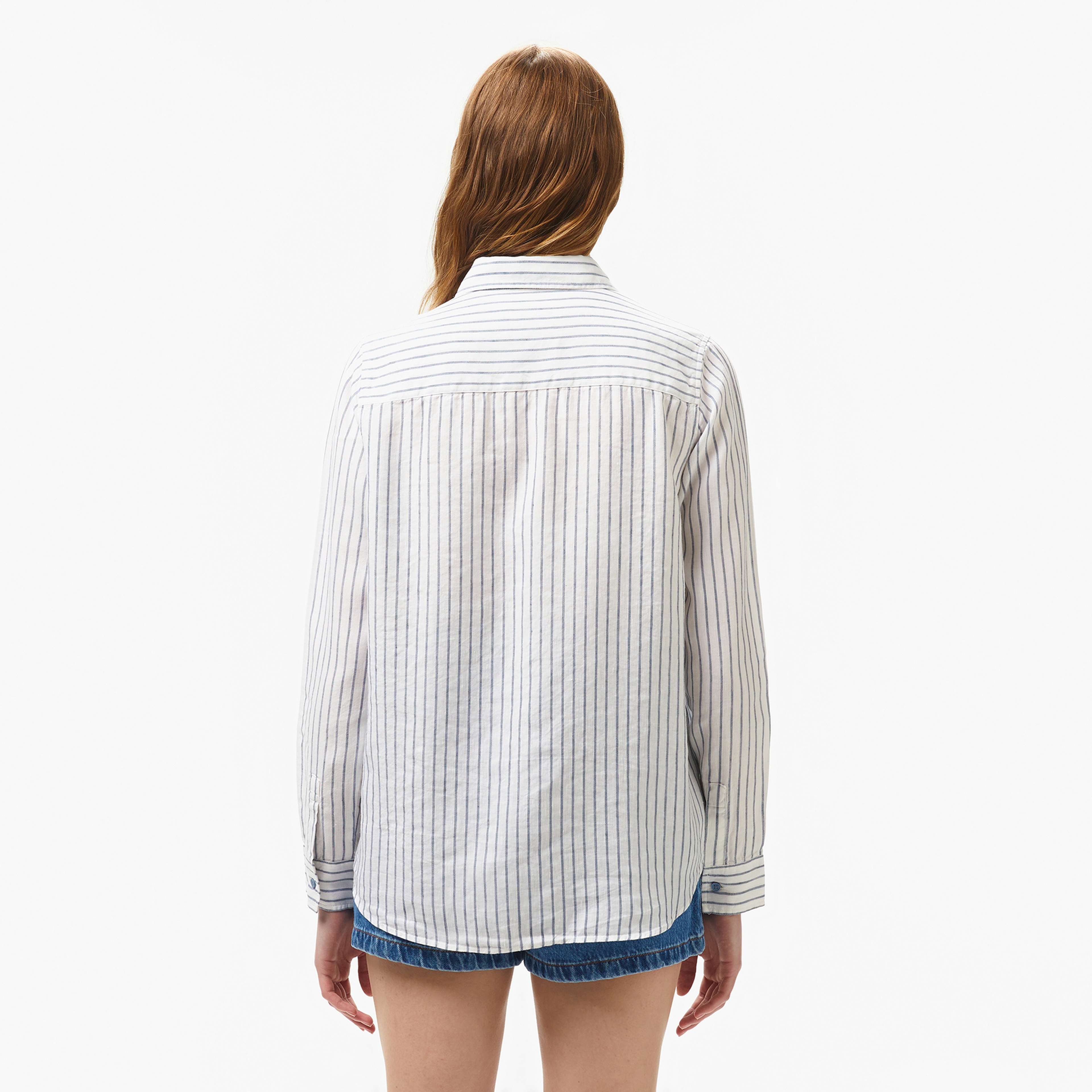 Kadın Relaxed Fit Çizgili Keten Mavi Gömlek