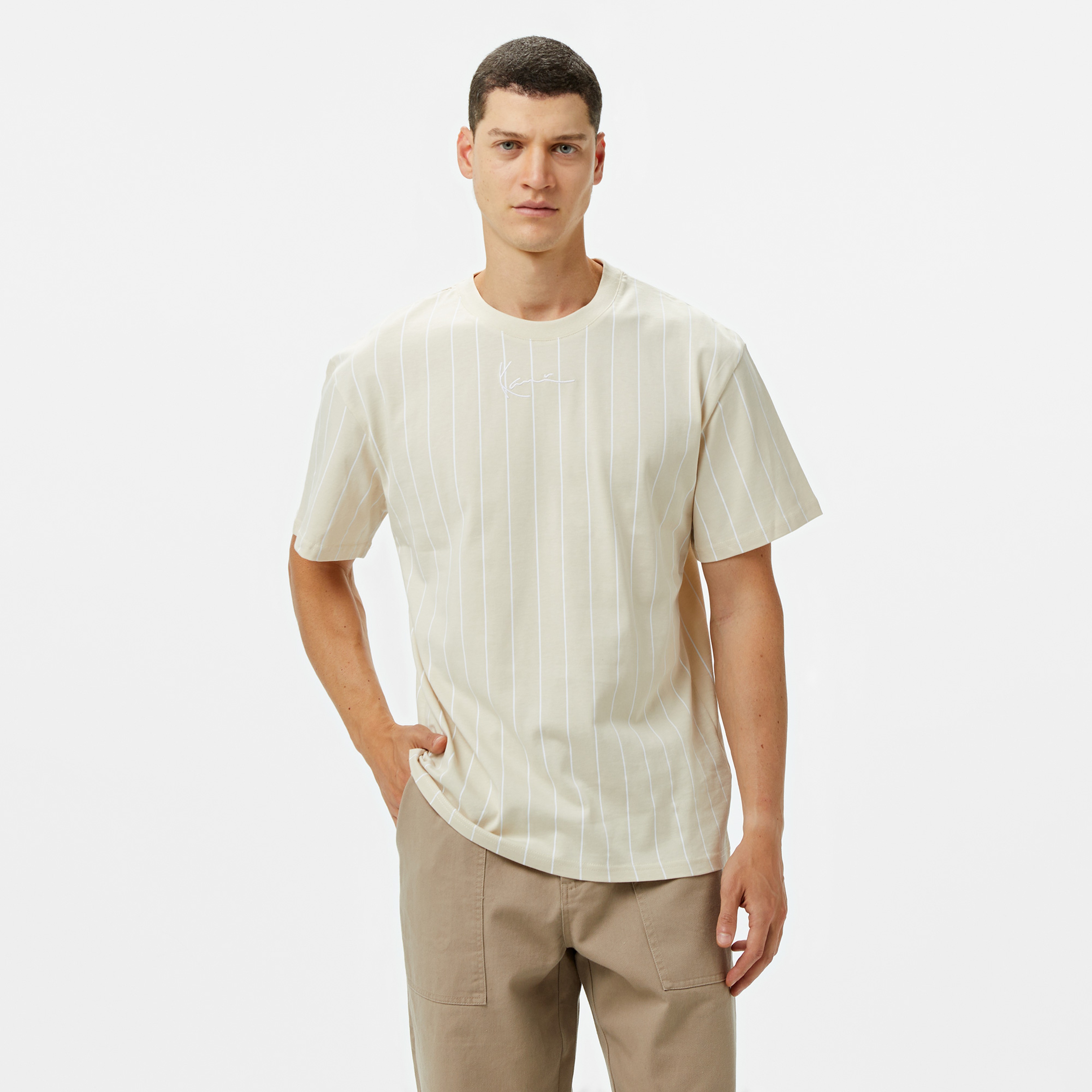 Karl Kani Small Signature Essential Pinstripe Erkek Krem T-Shirt