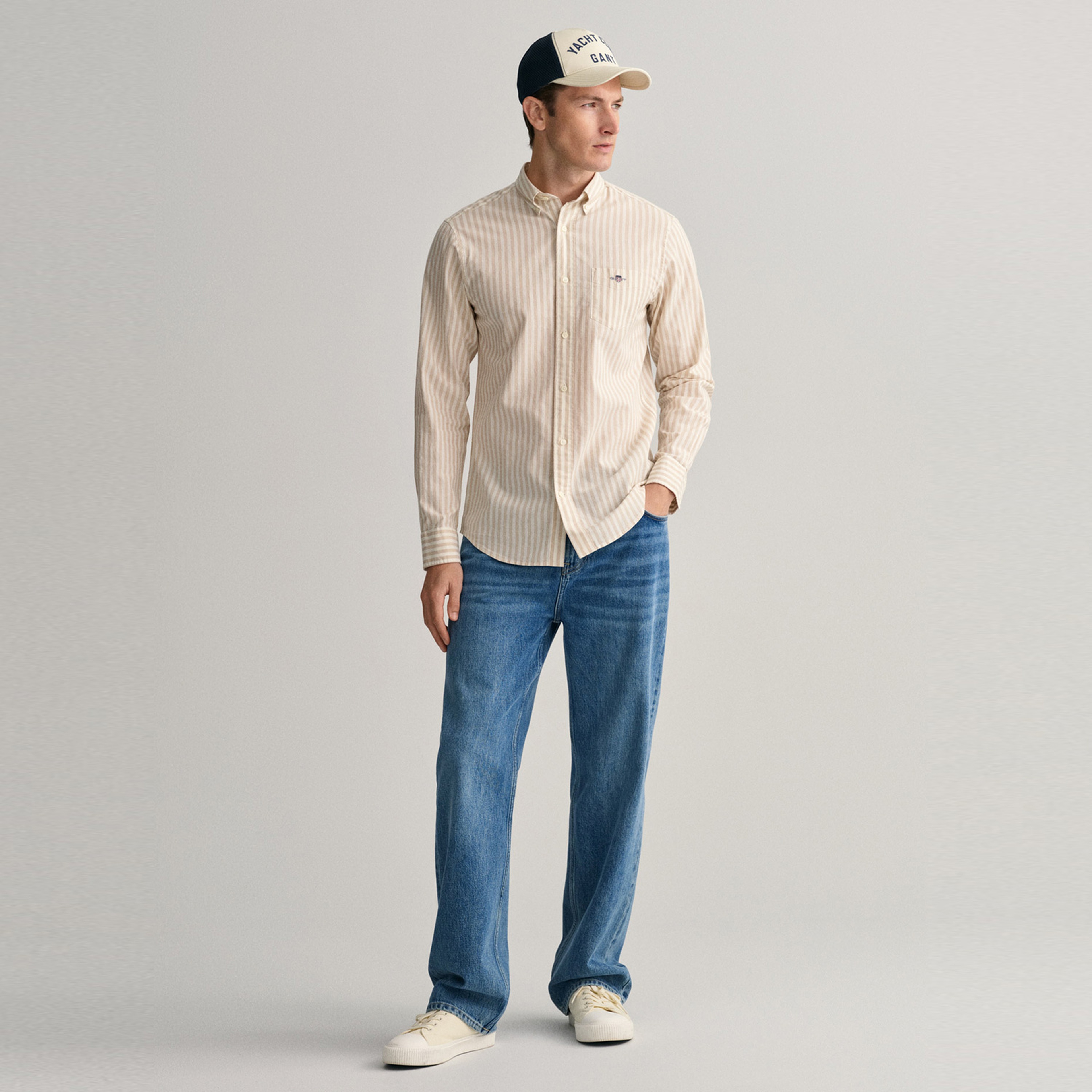 GANT Erkek Bej Regular Fit Düğmeli Yaka Çizgili Gömlek
