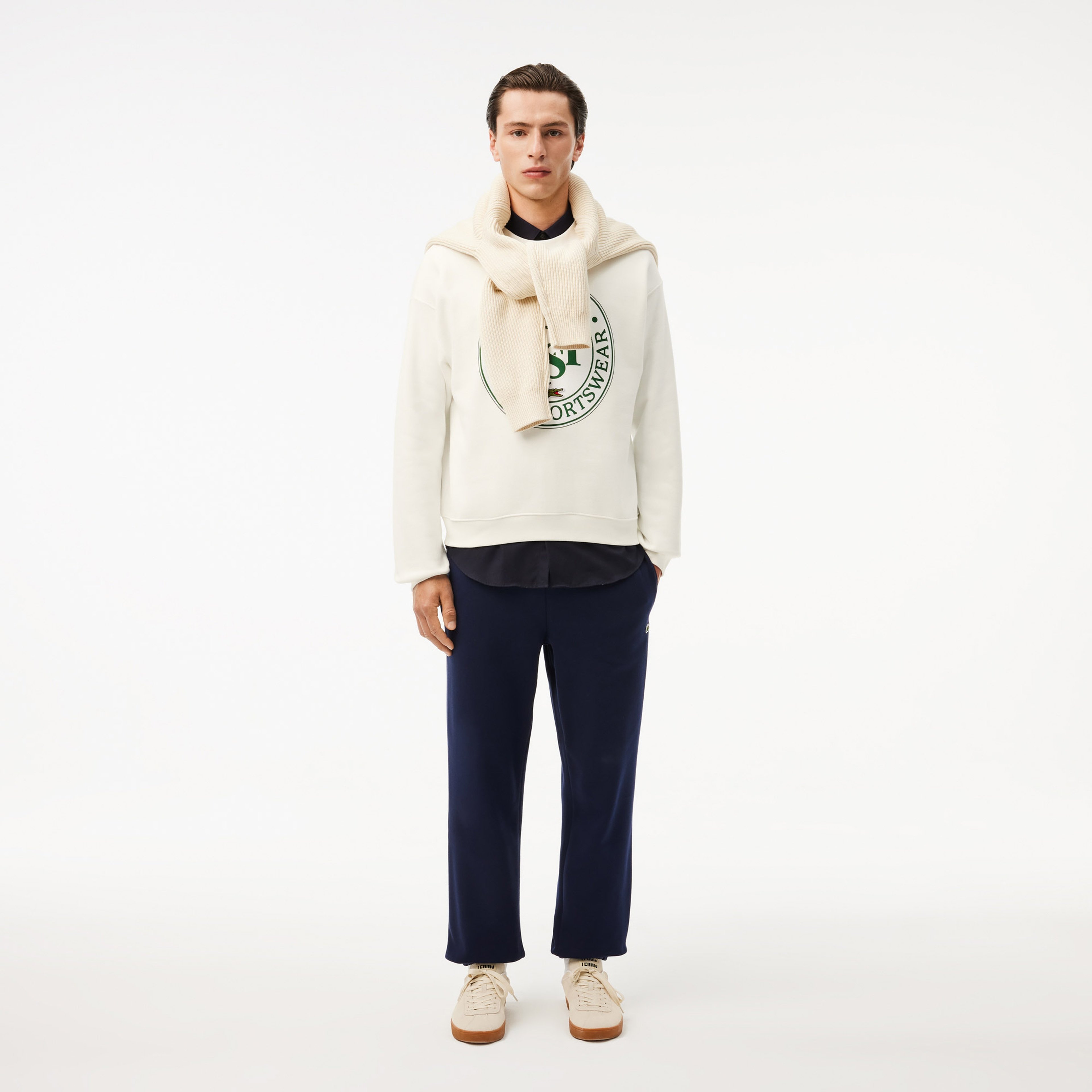 Lacoste Loose Fit Printed Fleece Unisex Krem Sweatshirt