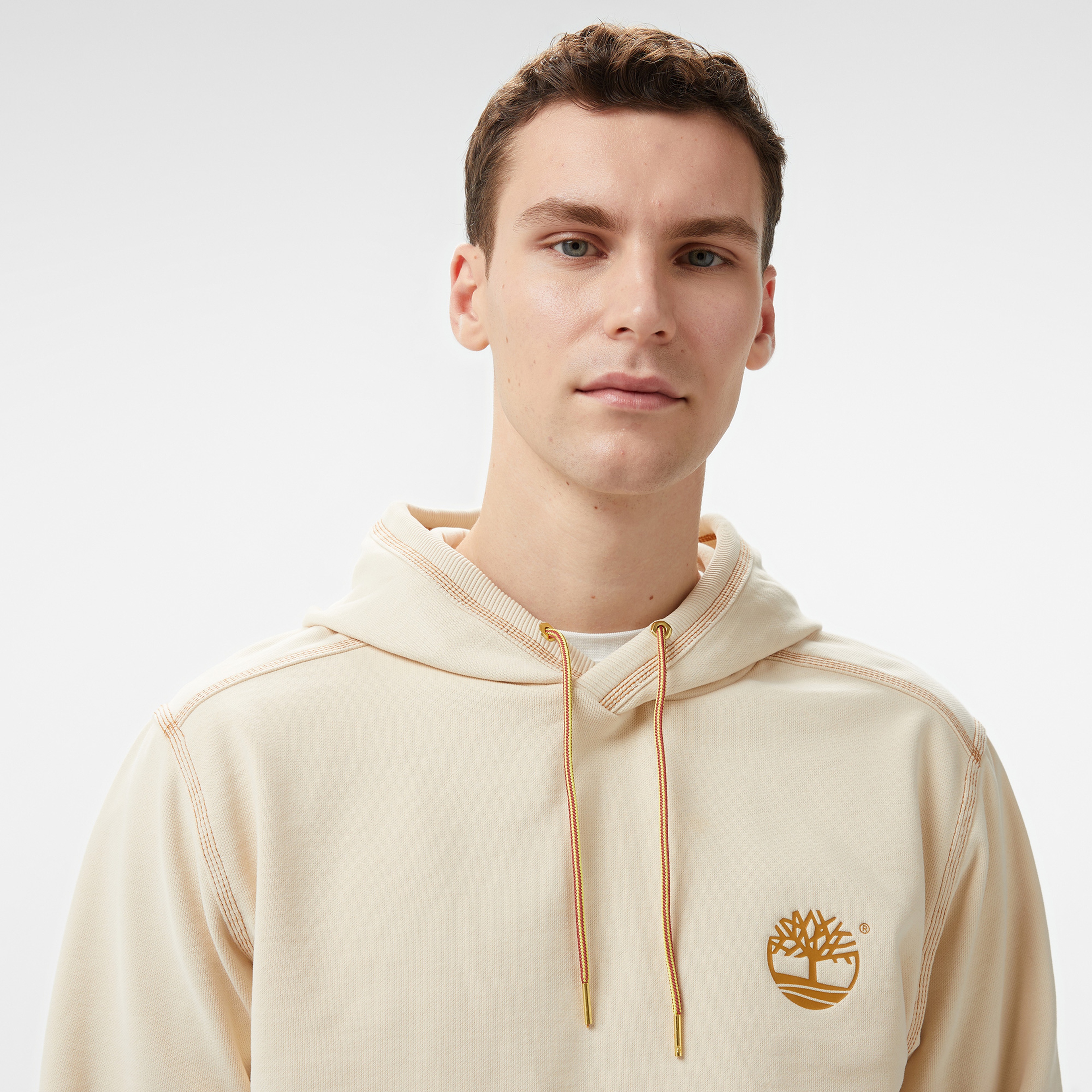 Timberland Contrast Stitch Logo Erkek Krem Hoodie