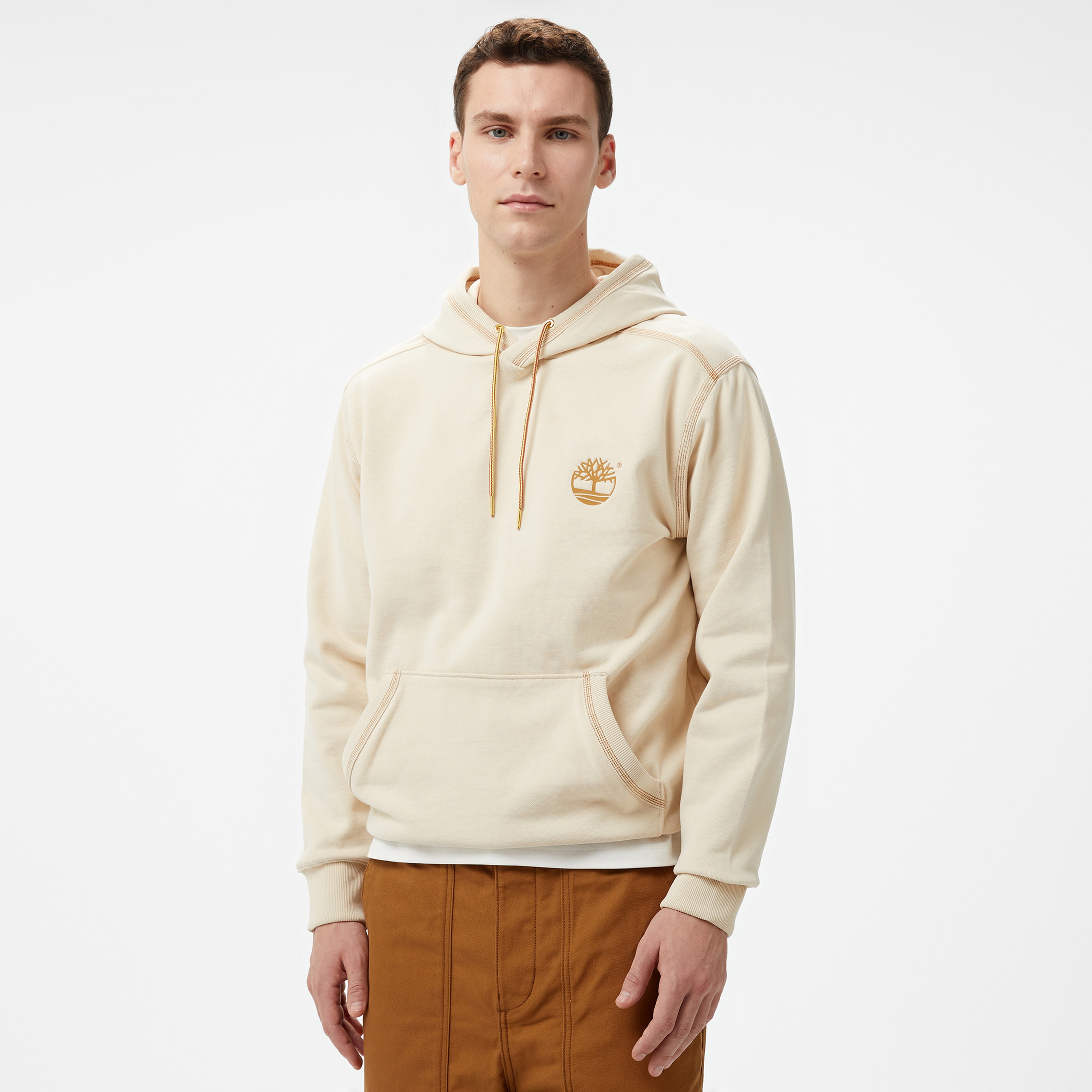 Timberland Contrast Stitch Logo Erkek Krem Hoodie