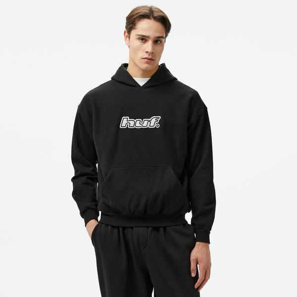 Huf Logo Applique Hooded Fleece Erkek Siyah Hoodie
