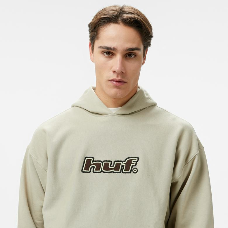 Huf Logo Applique Hooded Fleece Erkek Bej Hoodie