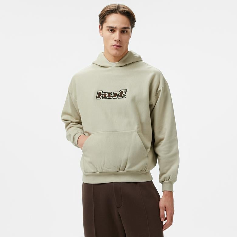 Huf Logo Applique Hooded Fleece Erkek Bej Hoodie