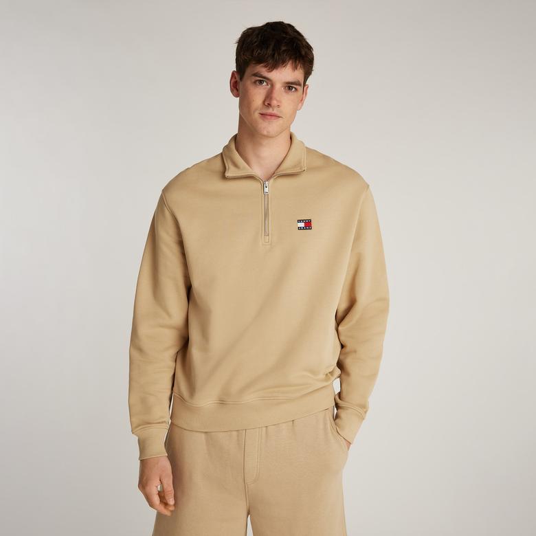 Tommy Hilfiger Tjm Rlx Badge 1/4 Zip Erkek Bej Sweatshirt