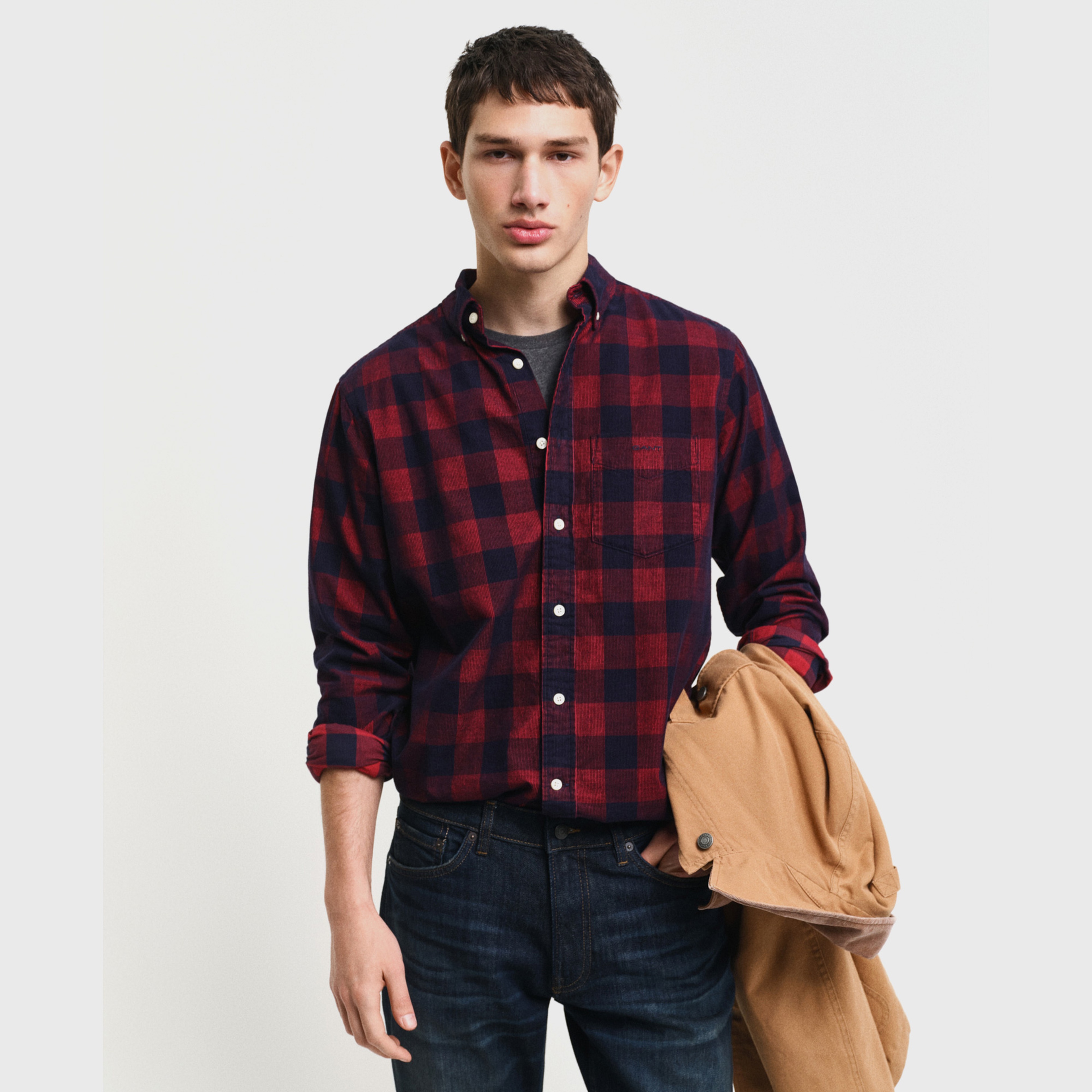 GANT Erkek Kırmızı Regular Fit Düğmeli Yaka Kareli Gömlek