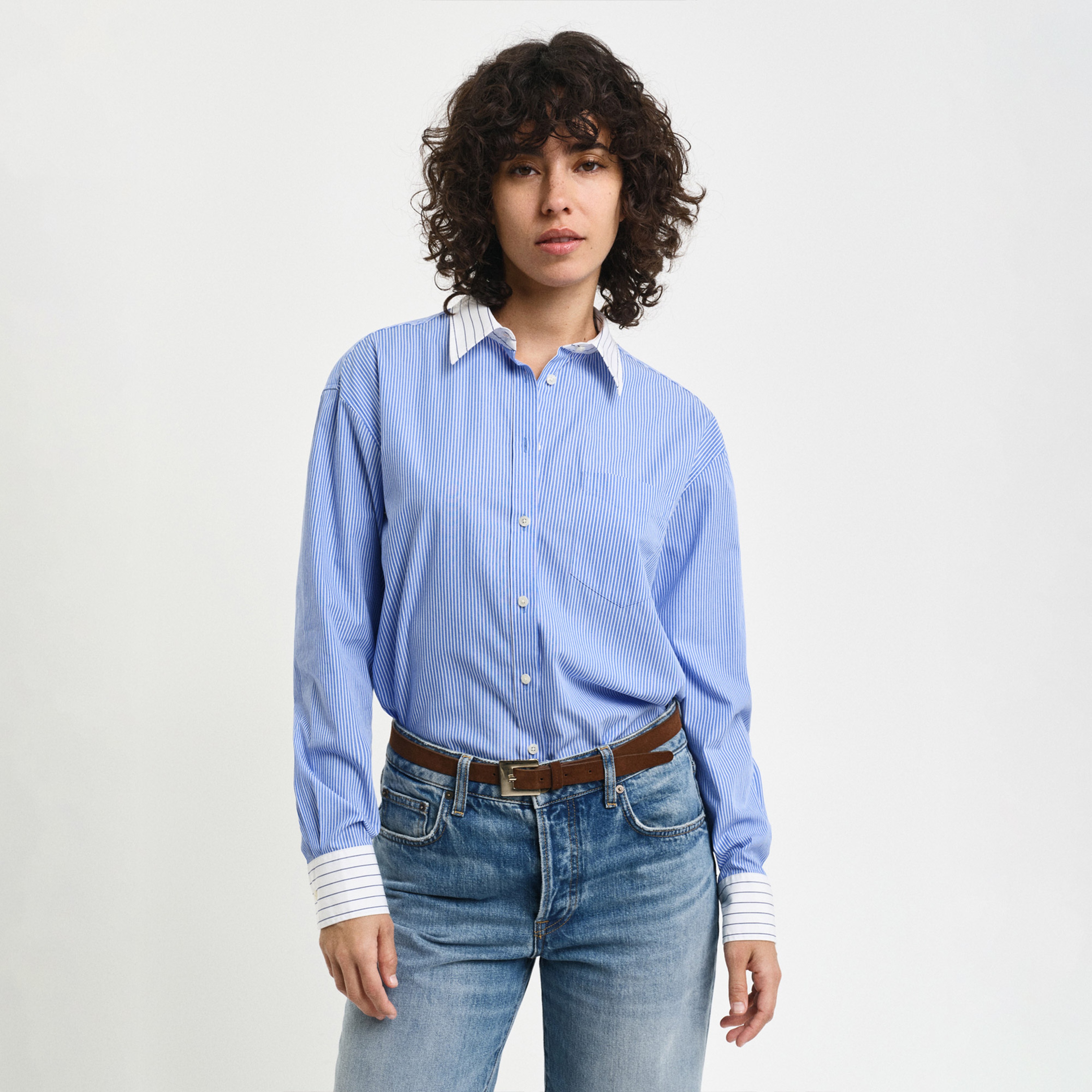 GANT Kadın Mavi Relaxed Fit Çizgili Gömlek