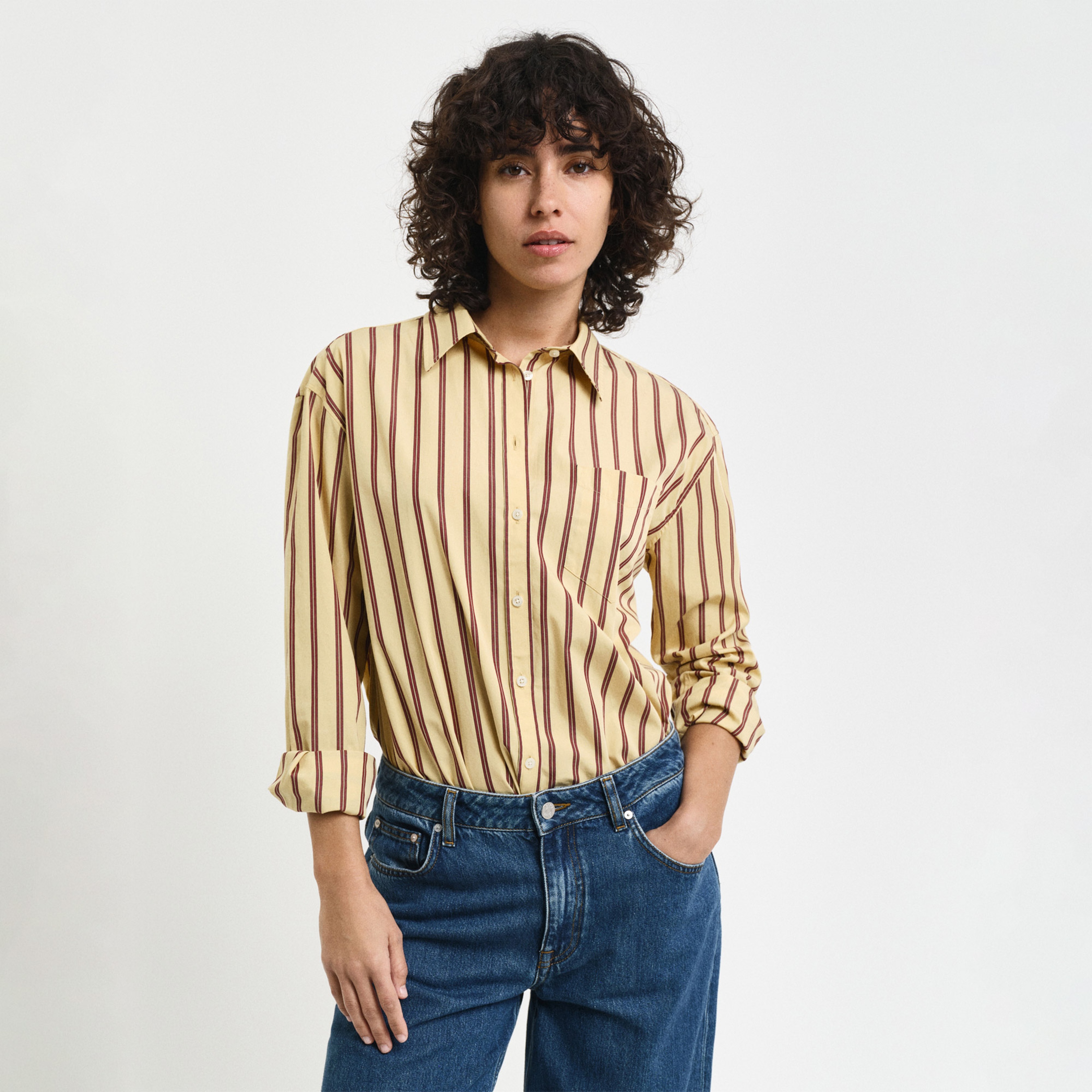 GANT Kadın Kahverengi Relaxed Fit Düğmeli Yaka Gömlek