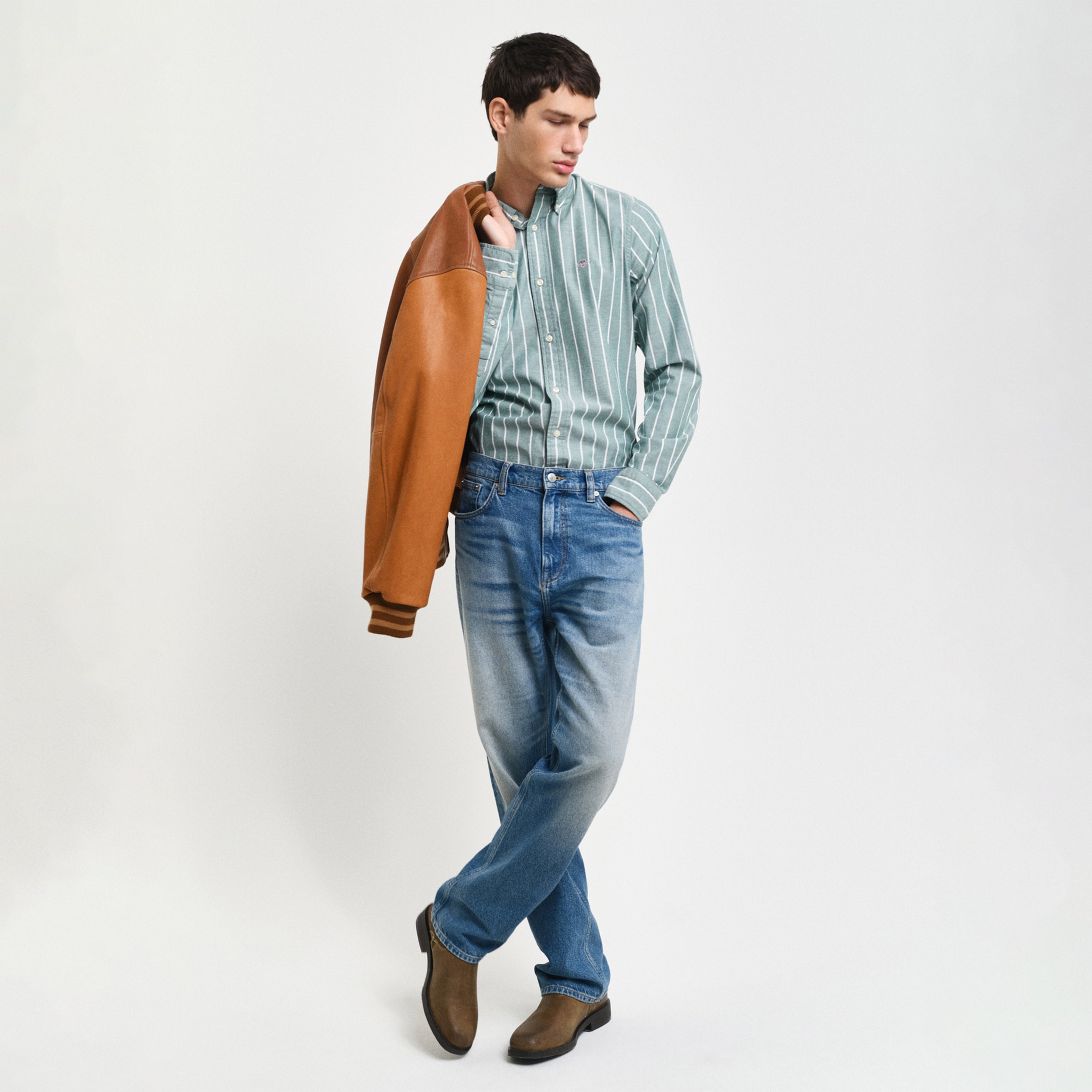 GANT Erkek Yeşil Slim Fit Düğmeli Yaka Çizgili Oxford Gömlek