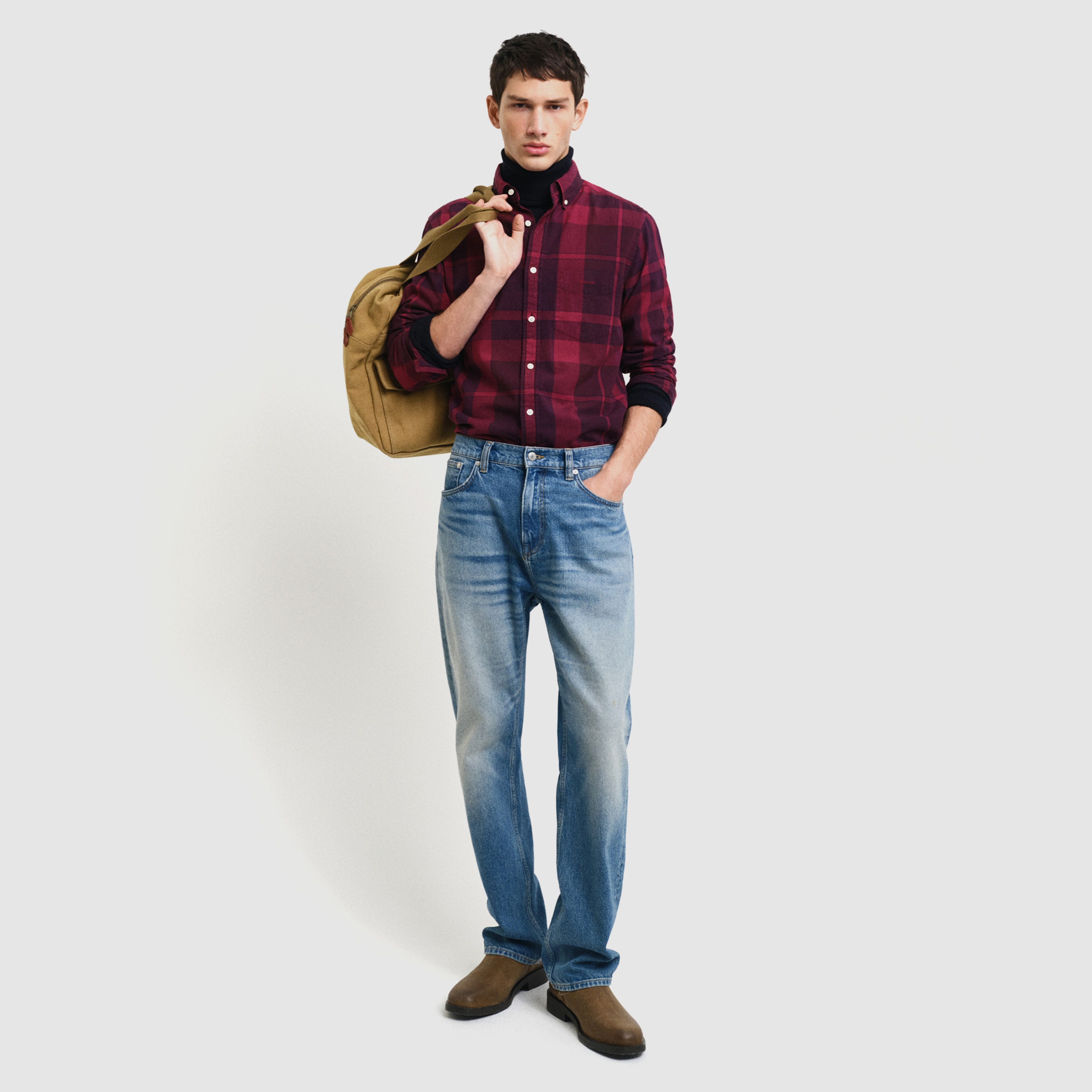 GANT Erkek Bordo Regular Fit Düğmeli Yaka Kareli Gömlek