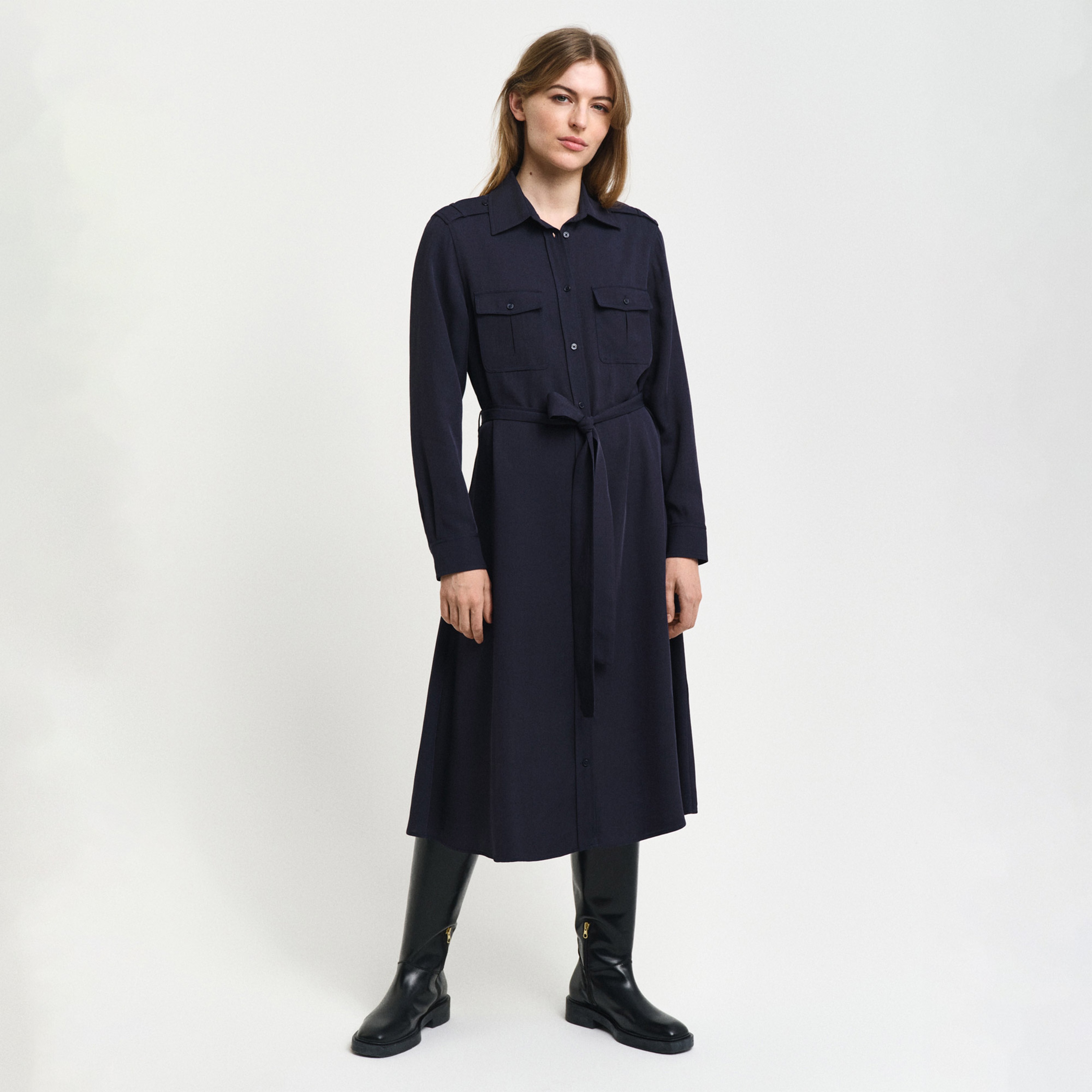 GANT Kadın Lacivert Regular Fit Düğmeli Yaka Elbise