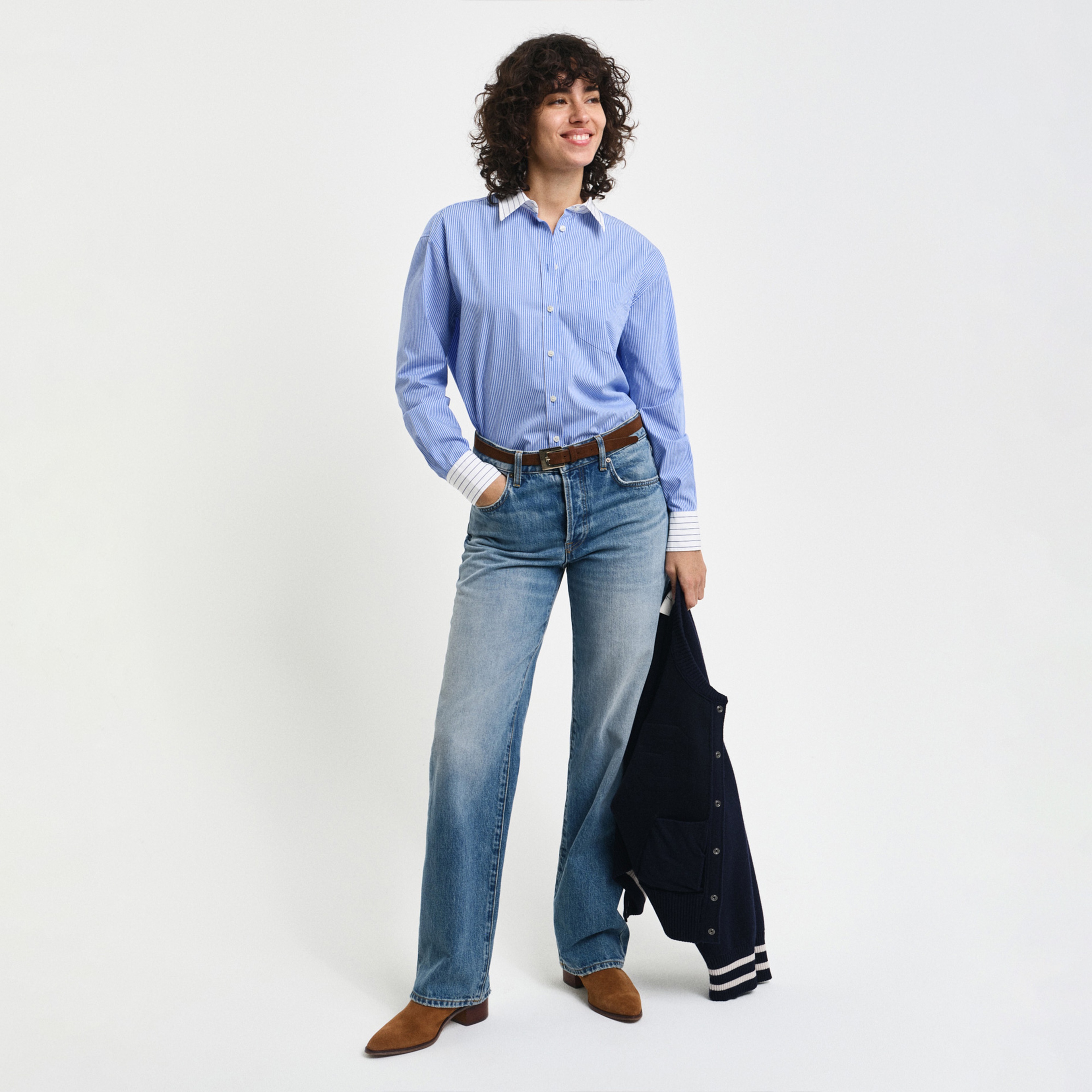 GANT Kadın Mavi Relaxed Fit Çizgili Gömlek