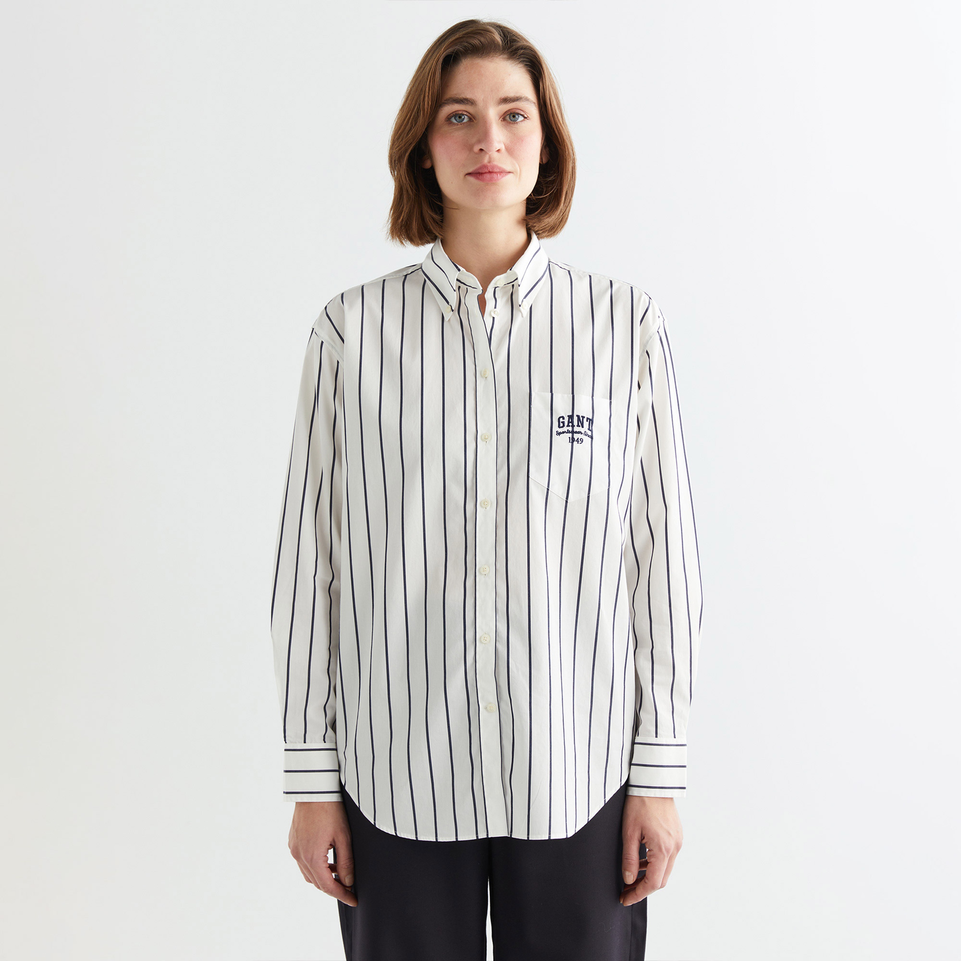 GANT Erkek Mavi Relaxed Fit Düğmeli Yaka Çizgili Gömlek