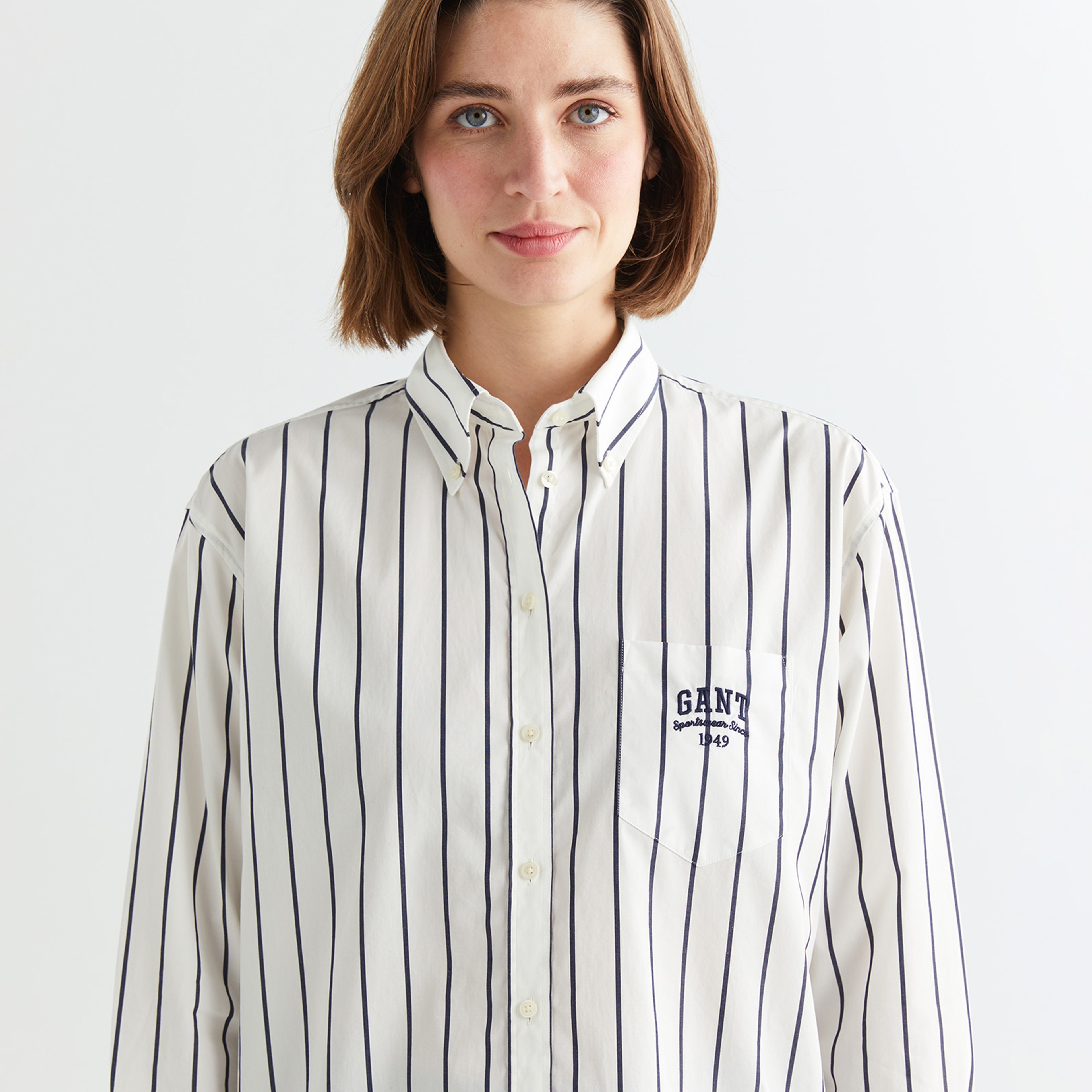 GANT Erkek Mavi Relaxed Fit Düğmeli Yaka Çizgili Gömlek