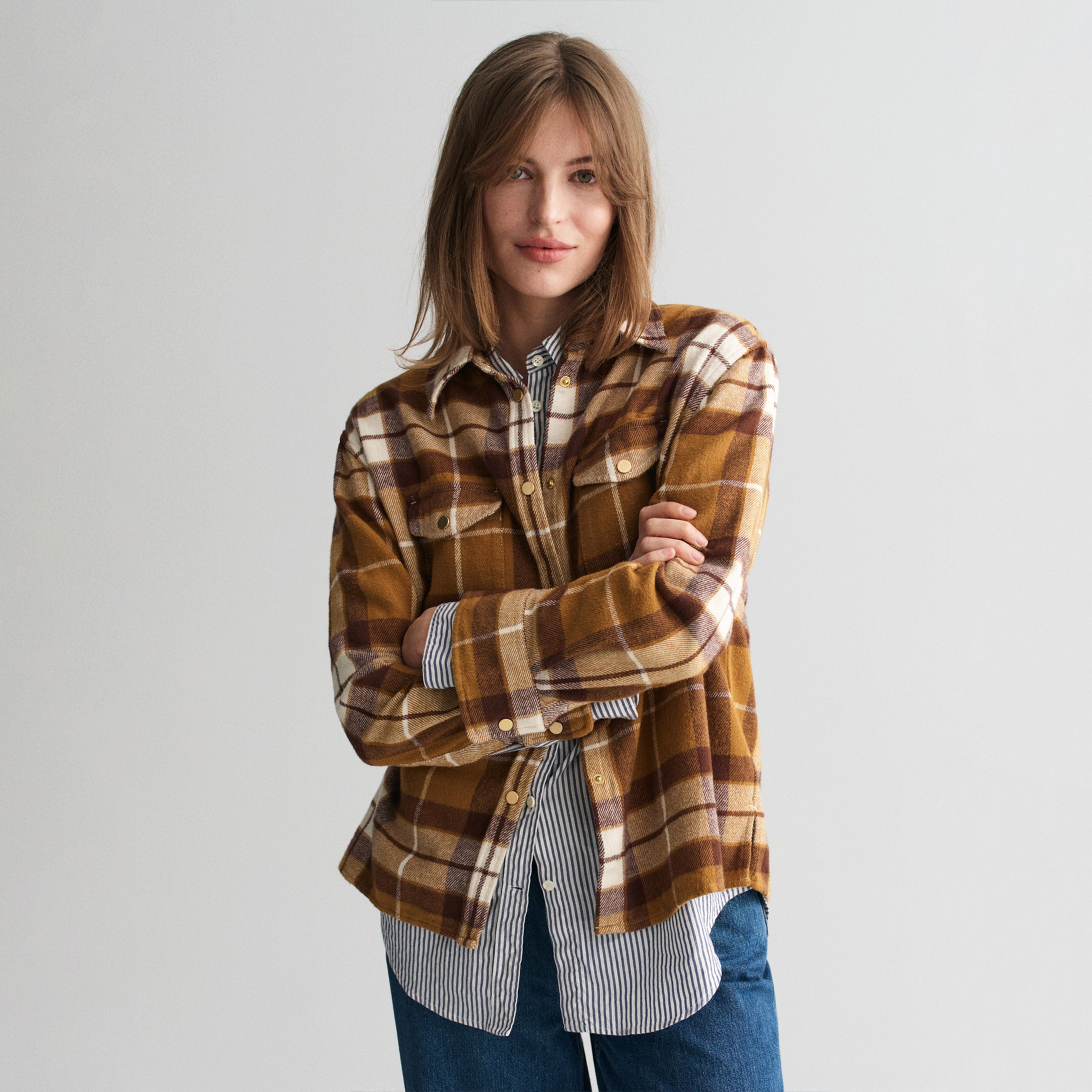 GANT Kadın Kahverengi Relaxed Fit Kareli Gömlek