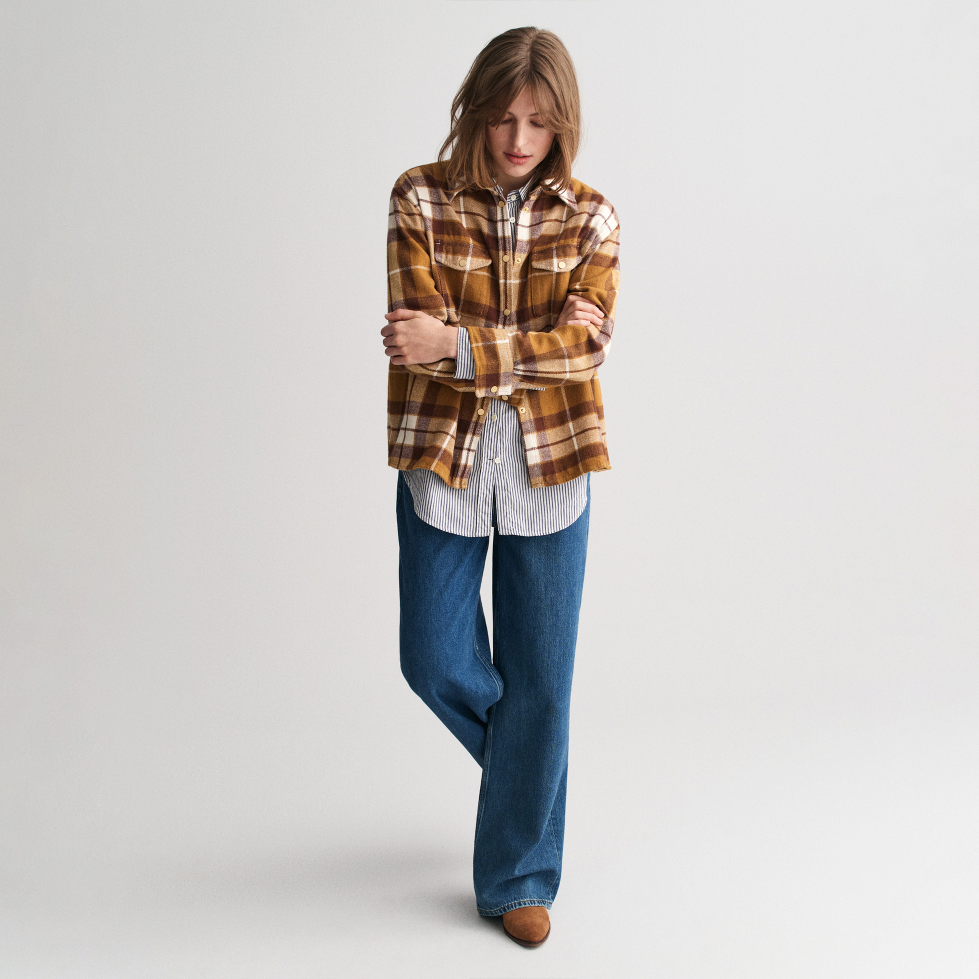 GANT Kadın Kahverengi Relaxed Fit Kareli Gömlek