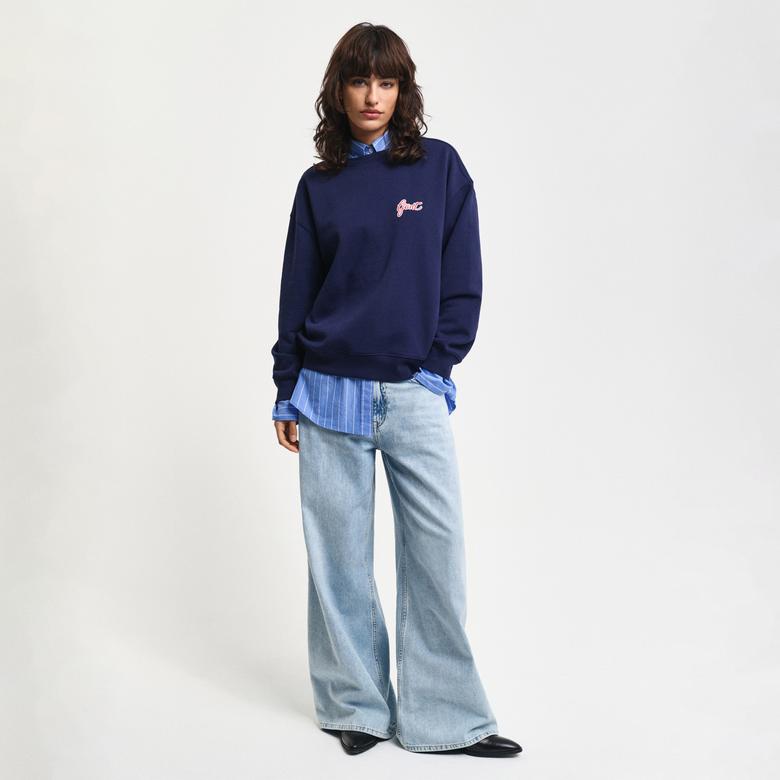 GANT Kadın Lacivert Loose Fit Bisiklet Yaka Logolu Sweatshirt