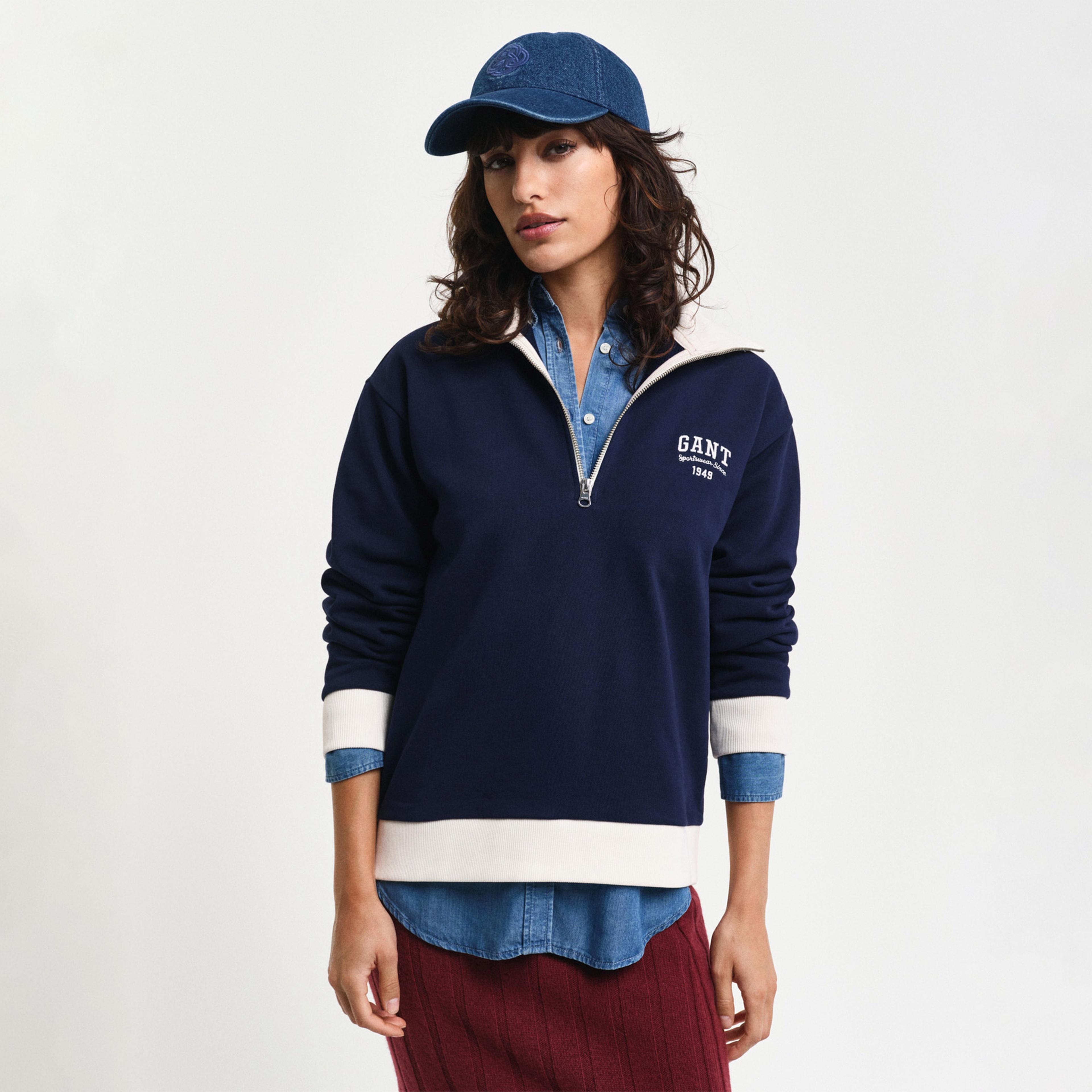 GANT Kadın Lacivert Loose Fit Yarım Fermuarlı Logolu Sweatshirt