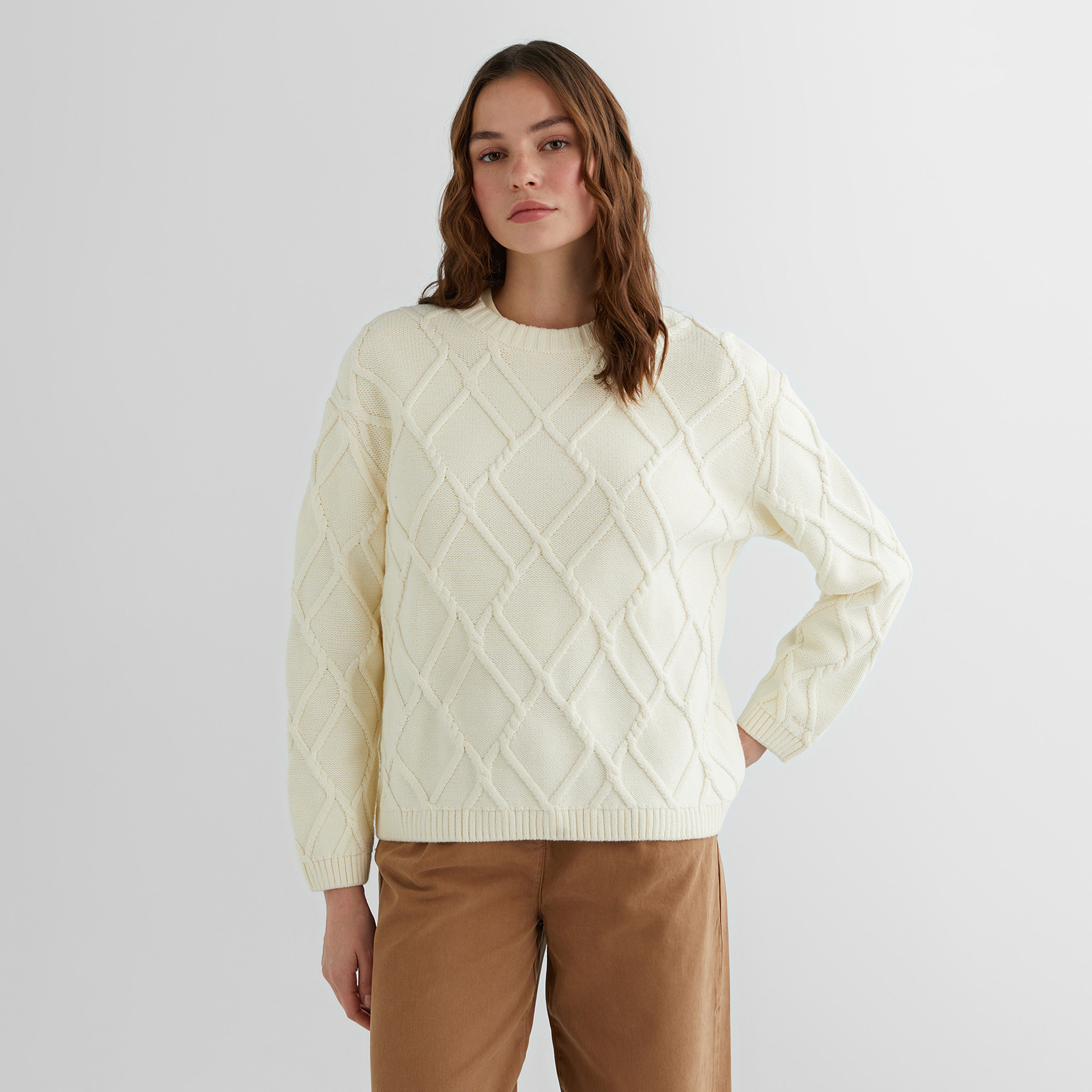 GANT Kadın Krem Relaxed Fit Bisiklet Yaka Kazak