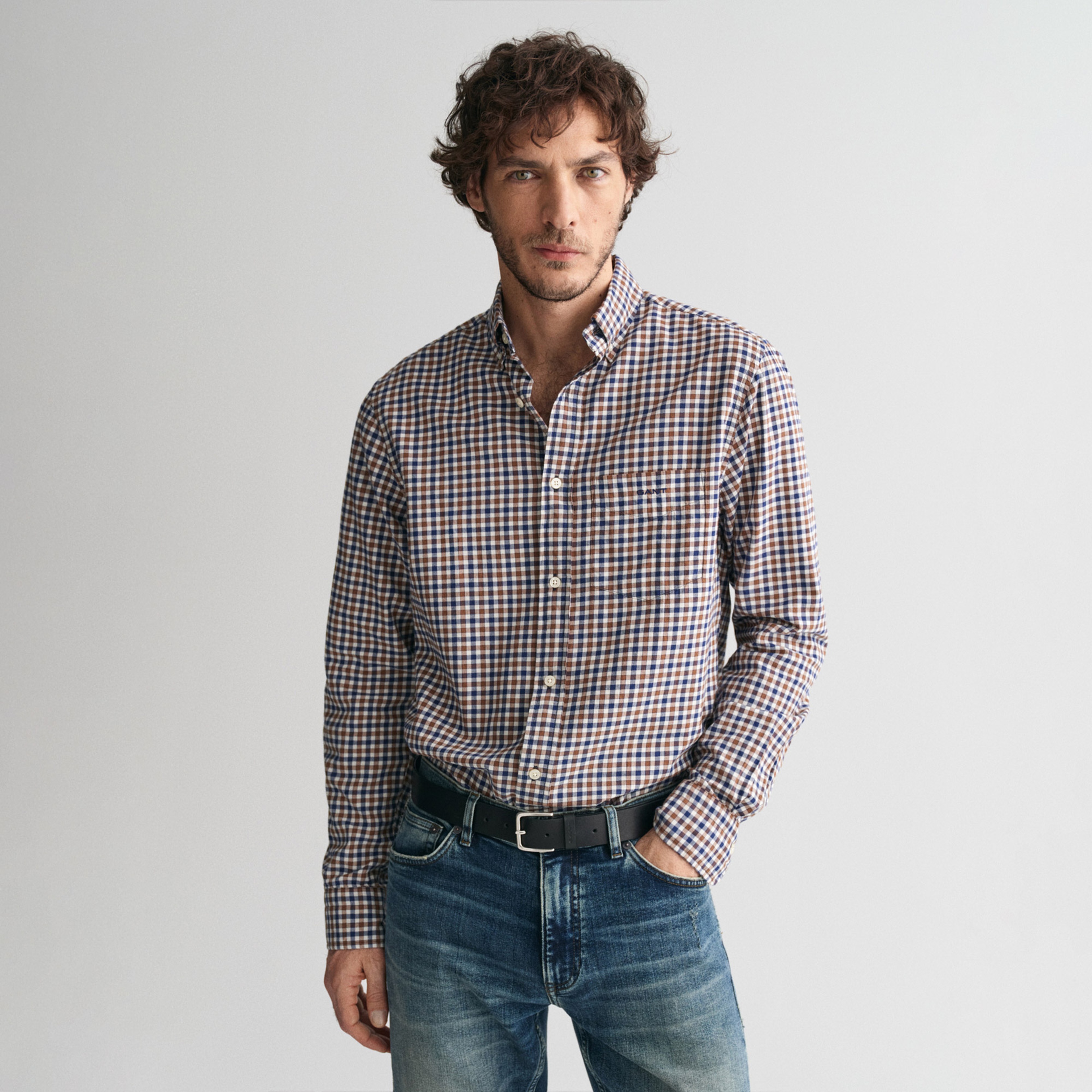 GANT Erkek Kahverengi Regular Fit Düğmeli Yaka Kareli Gömlek