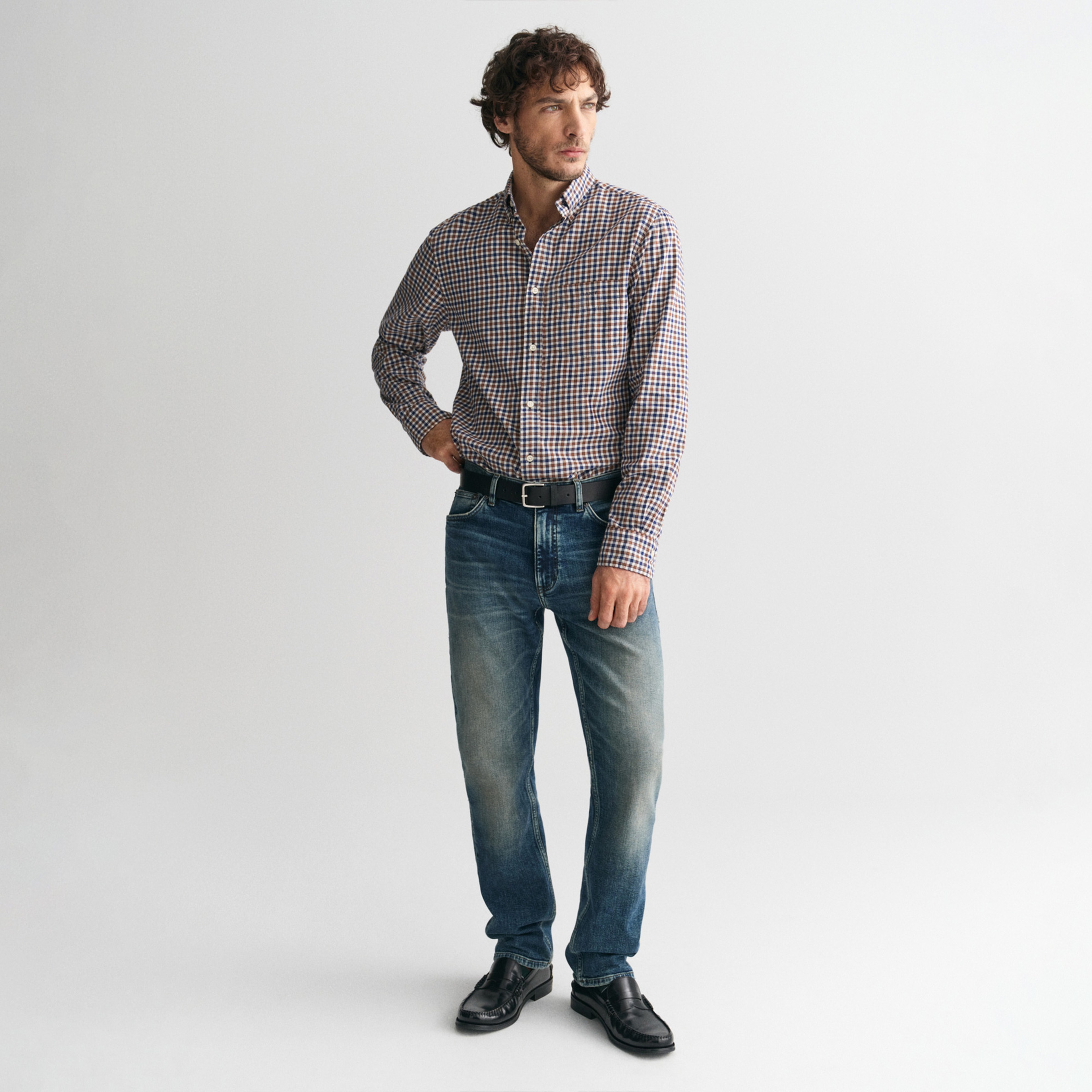 GANT Erkek Kahverengi Regular Fit Düğmeli Yaka Kareli Gömlek