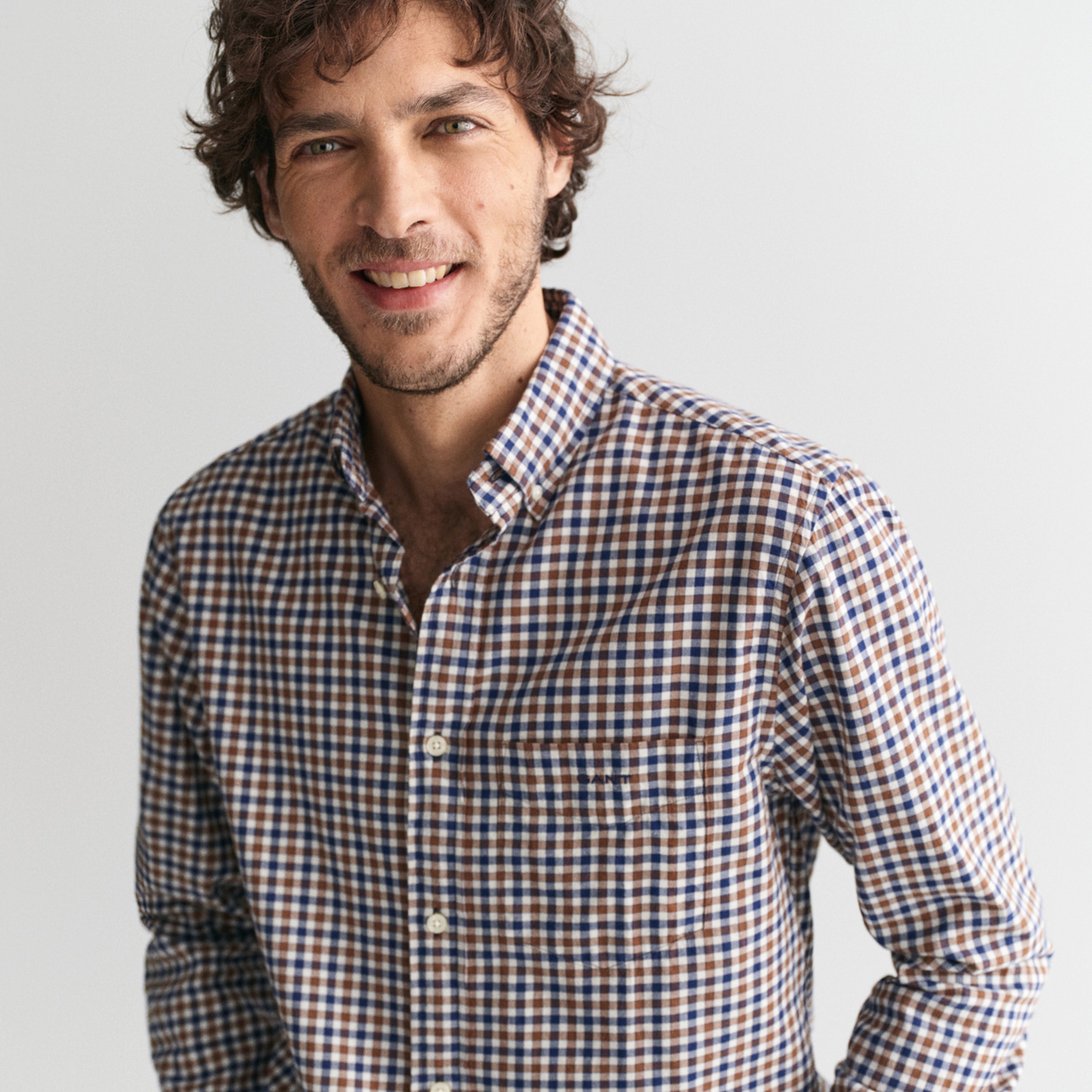 GANT Erkek Kahverengi Regular Fit Düğmeli Yaka Kareli Gömlek